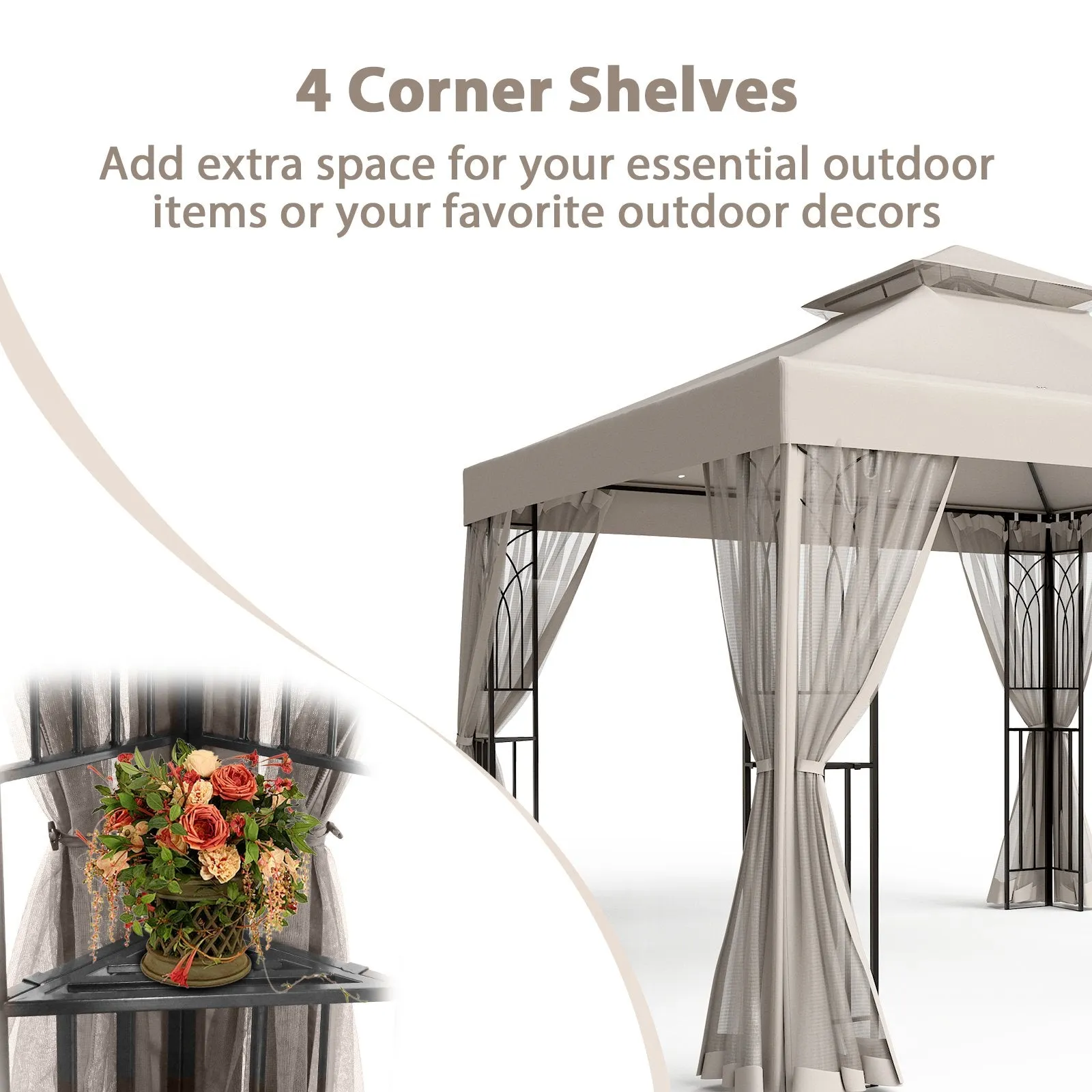 10x10 Patio Gazebo with Screen Walls and Corner Shelves