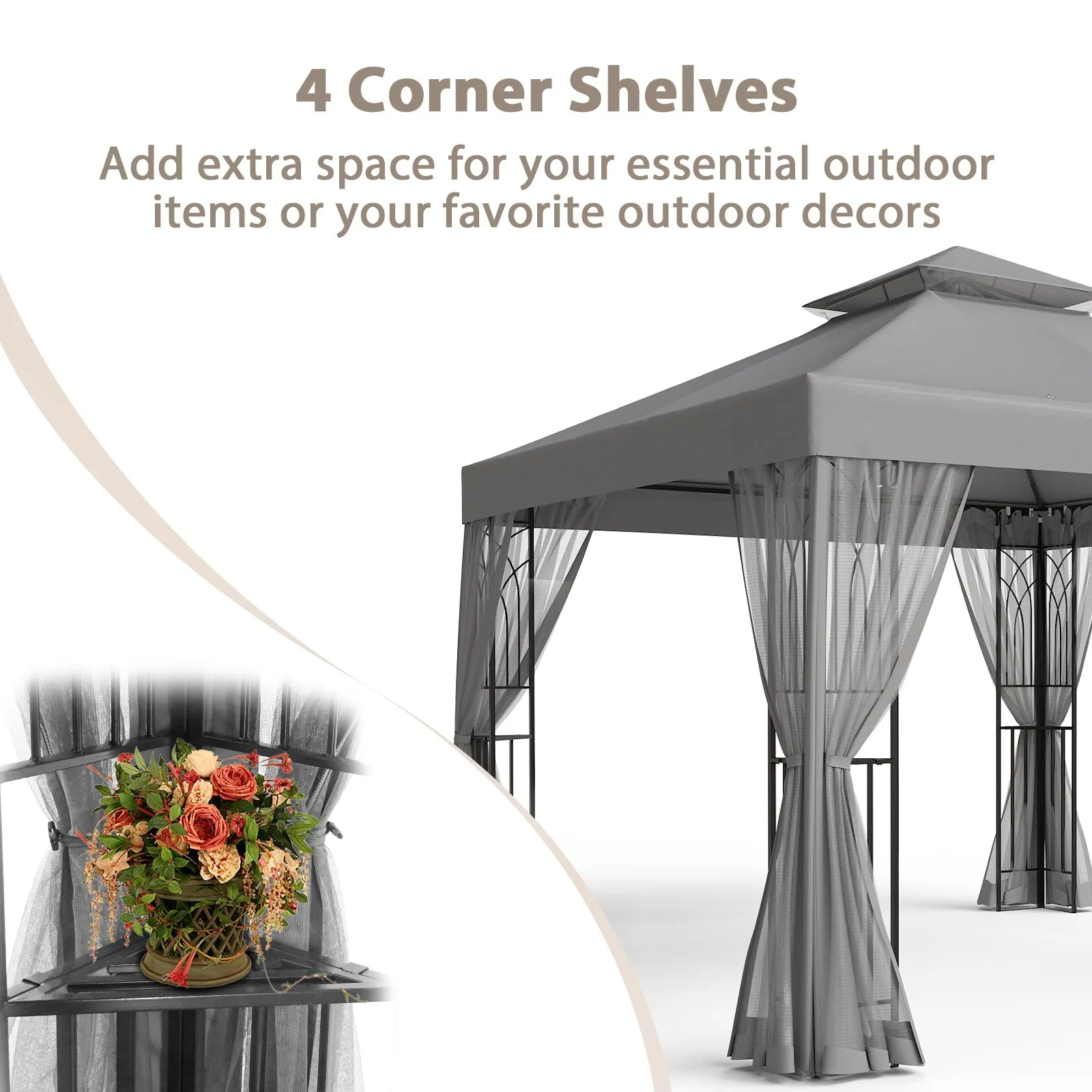 10x10 Patio Gazebo with Screen Walls and Corner Shelves