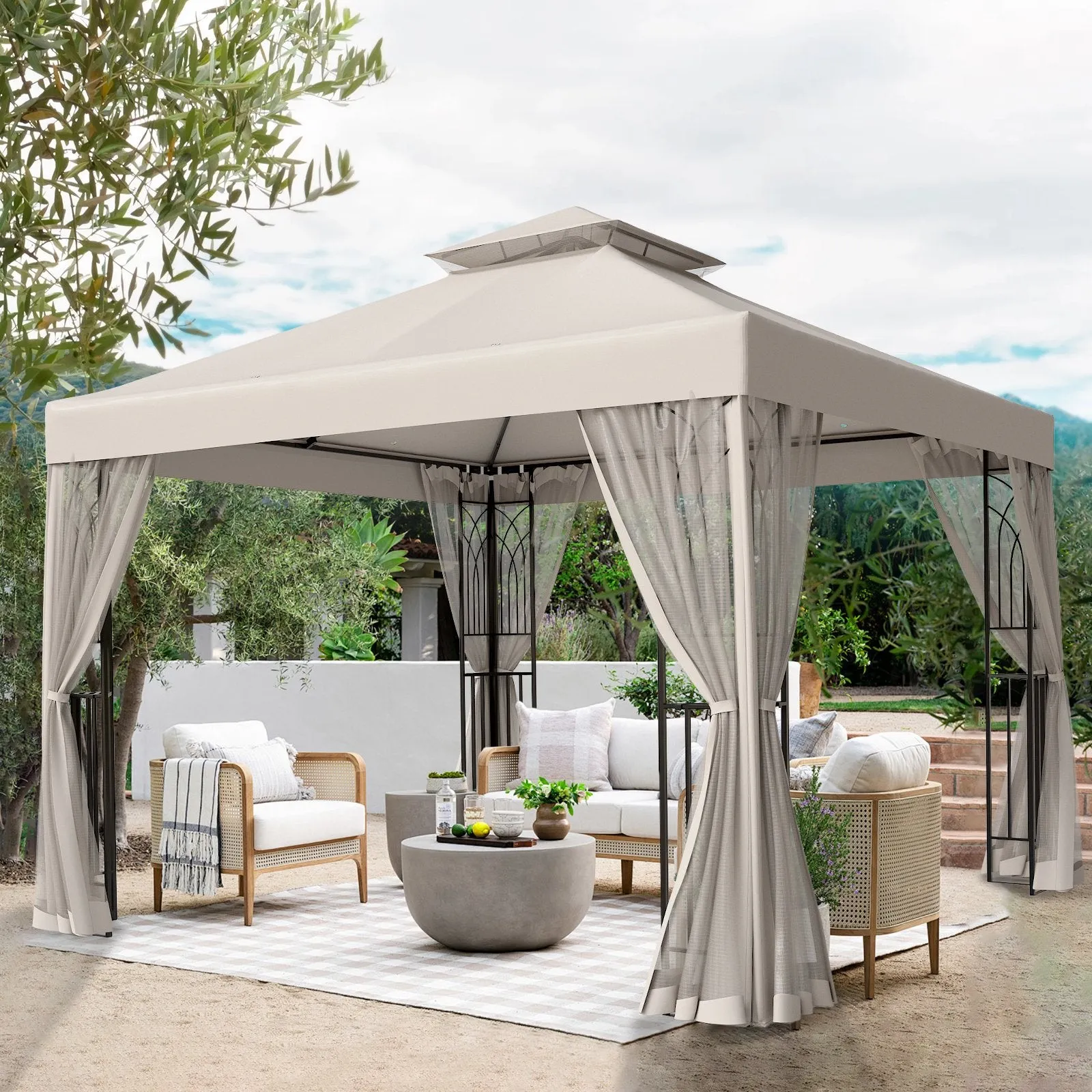10x10 Patio Gazebo with Screen Walls and Corner Shelves