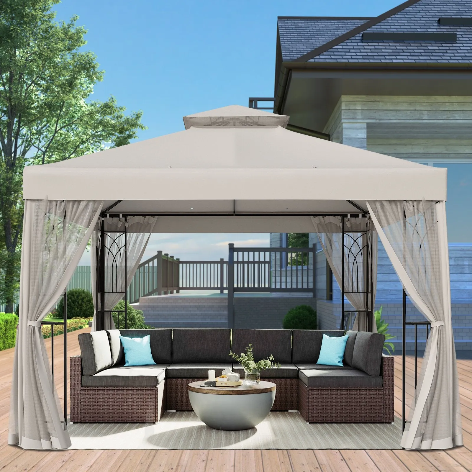 10x10 Patio Gazebo with Screen Walls and Corner Shelves