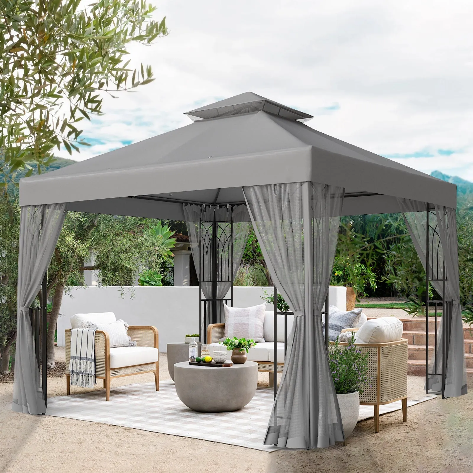 10x10 Patio Gazebo with Screen Walls and Corner Shelves