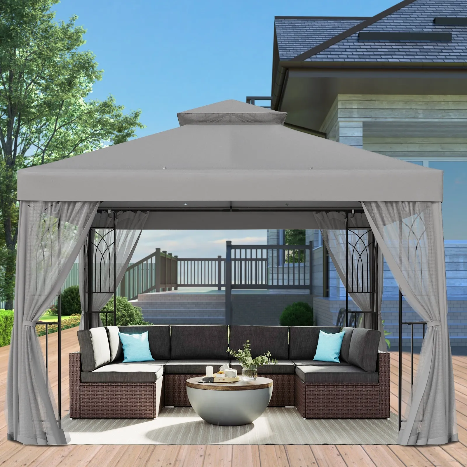 10x10 Patio Gazebo with Screen Walls and Corner Shelves
