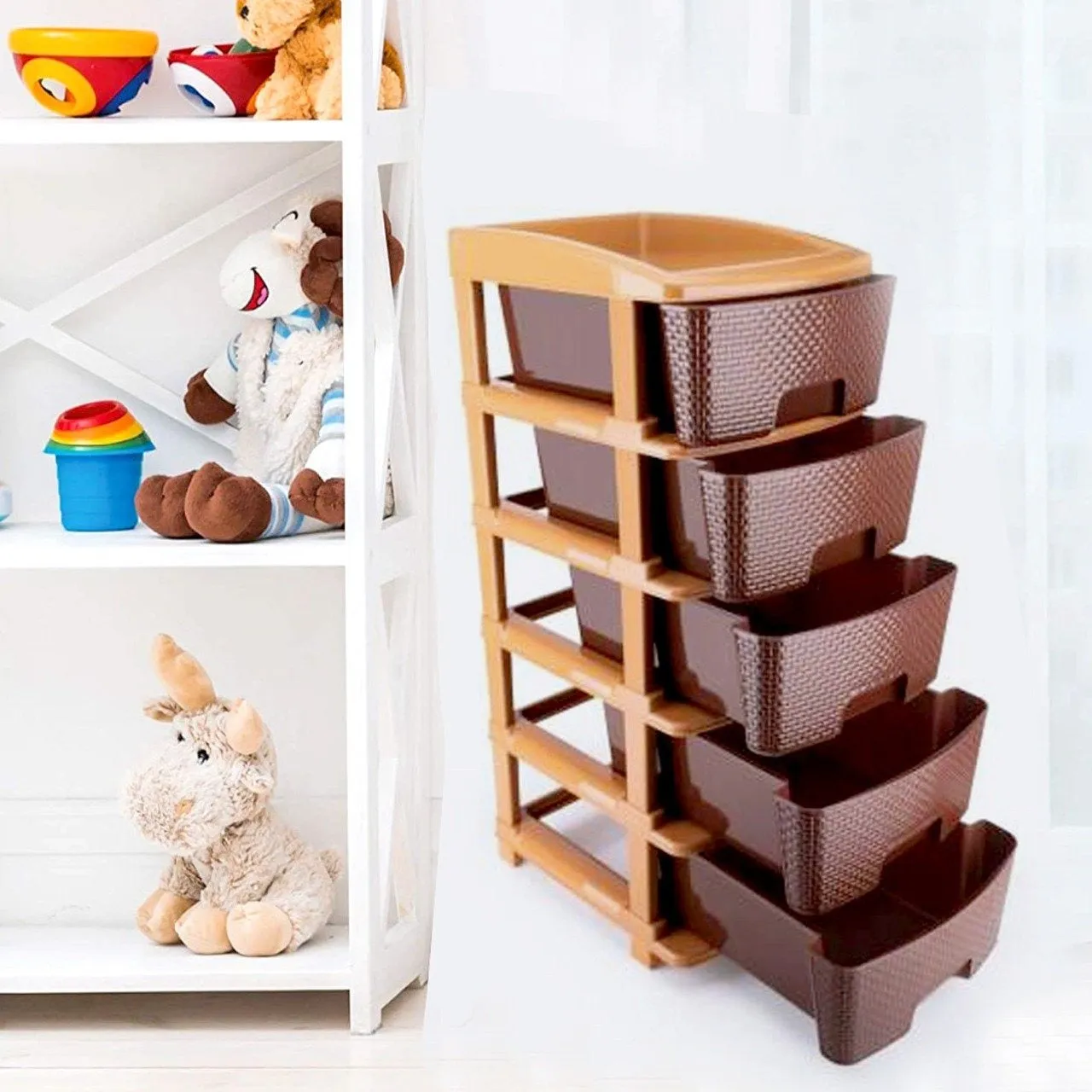 5tier Plastic Modular Drawer System For Multiple Use (Brown colour)