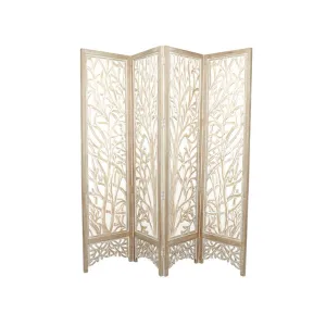 BROWN WOOD TREE HINGED FOLDABLE PARTITION 4 PANEL ROOM DIVIDER SCREEN WITH INTRICATELY CARVED DESIGNS