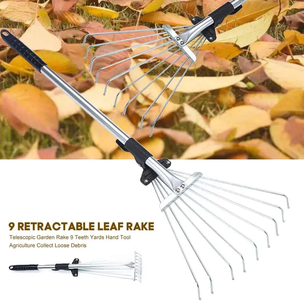 Garden Rake Lawns Stainless Steel Hand Tool Portable Yards Lightweight Home Fan Broom 9 Teeth Leaf Brush Collect Loose Debris