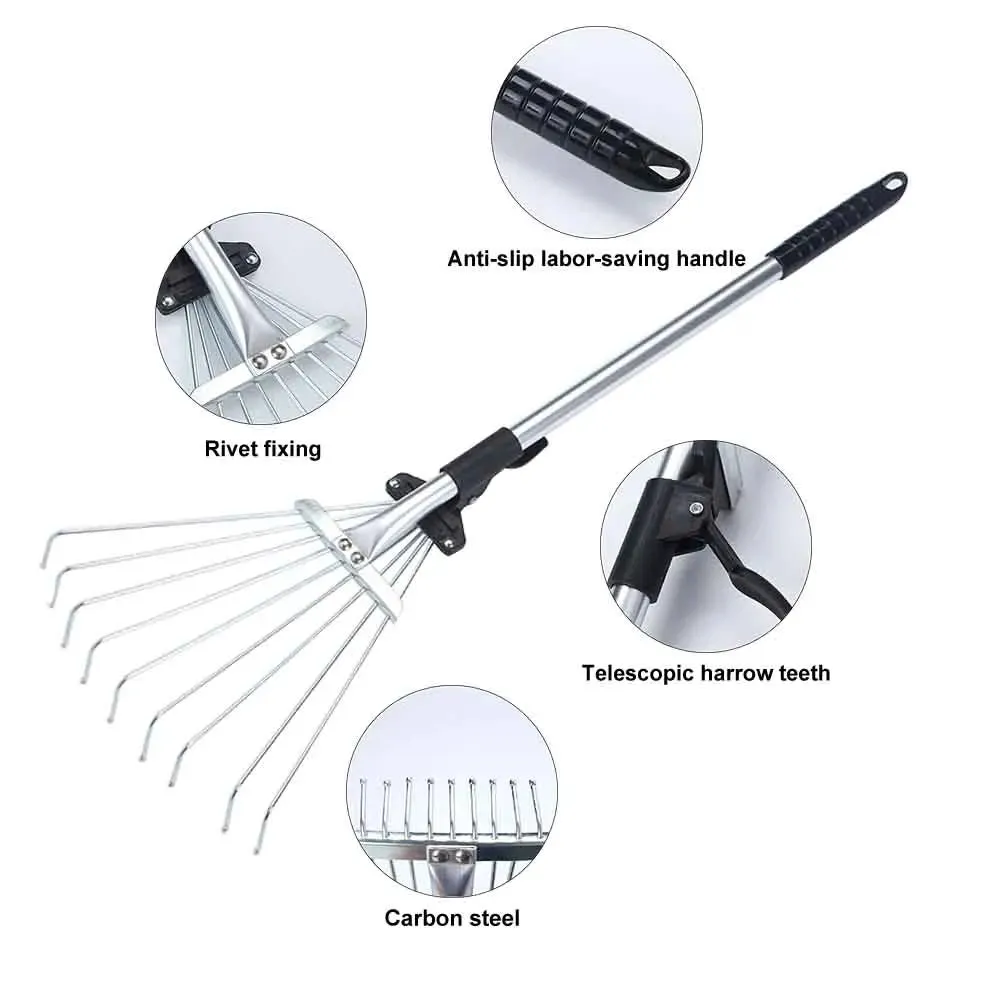 Garden Rake Lawns Stainless Steel Hand Tool Portable Yards Lightweight Home Fan Broom 9 Teeth Leaf Brush Collect Loose Debris