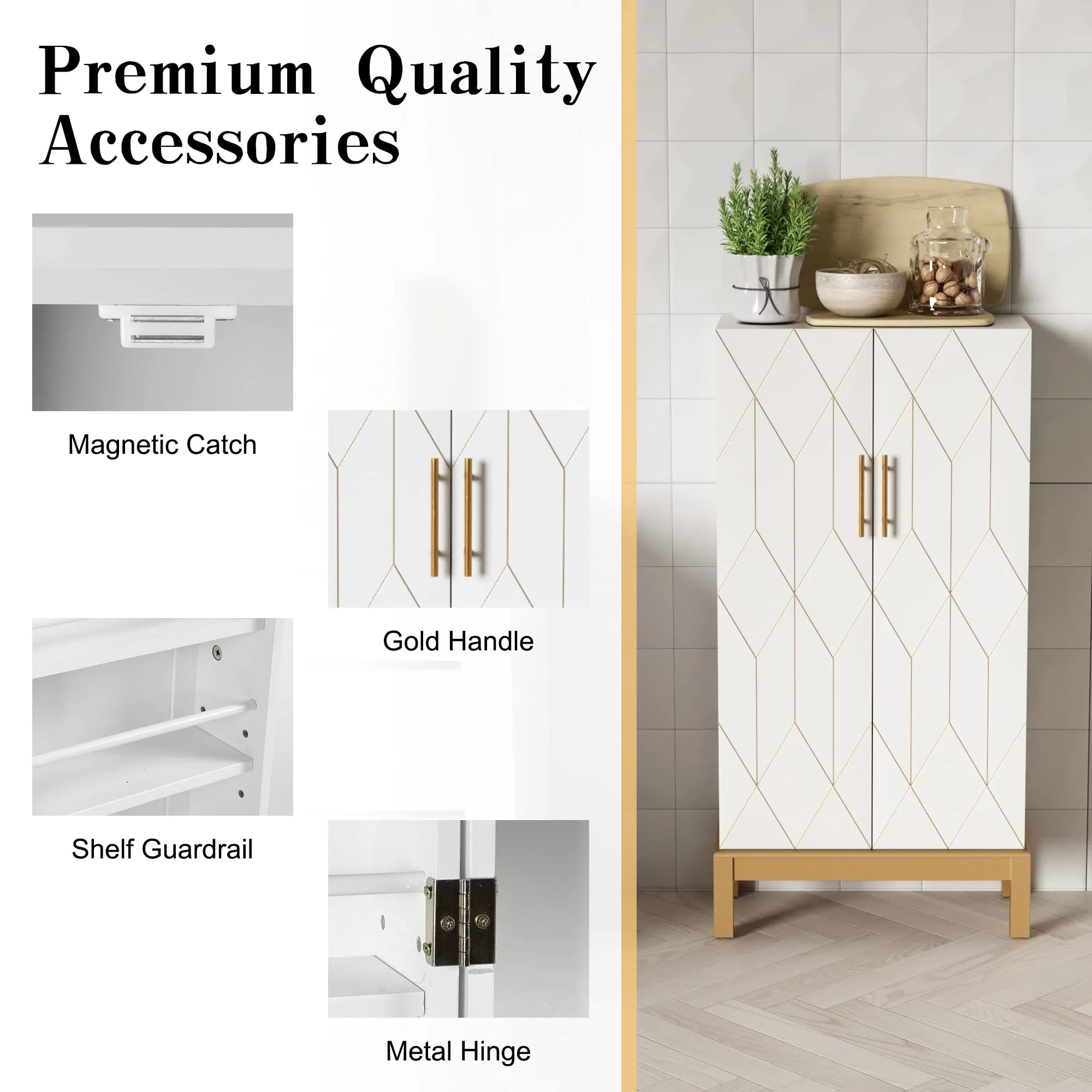 HLR 45" Classic White Kitchen Pantry Cabinet with Gold Trim for Kitchen, Dining Room