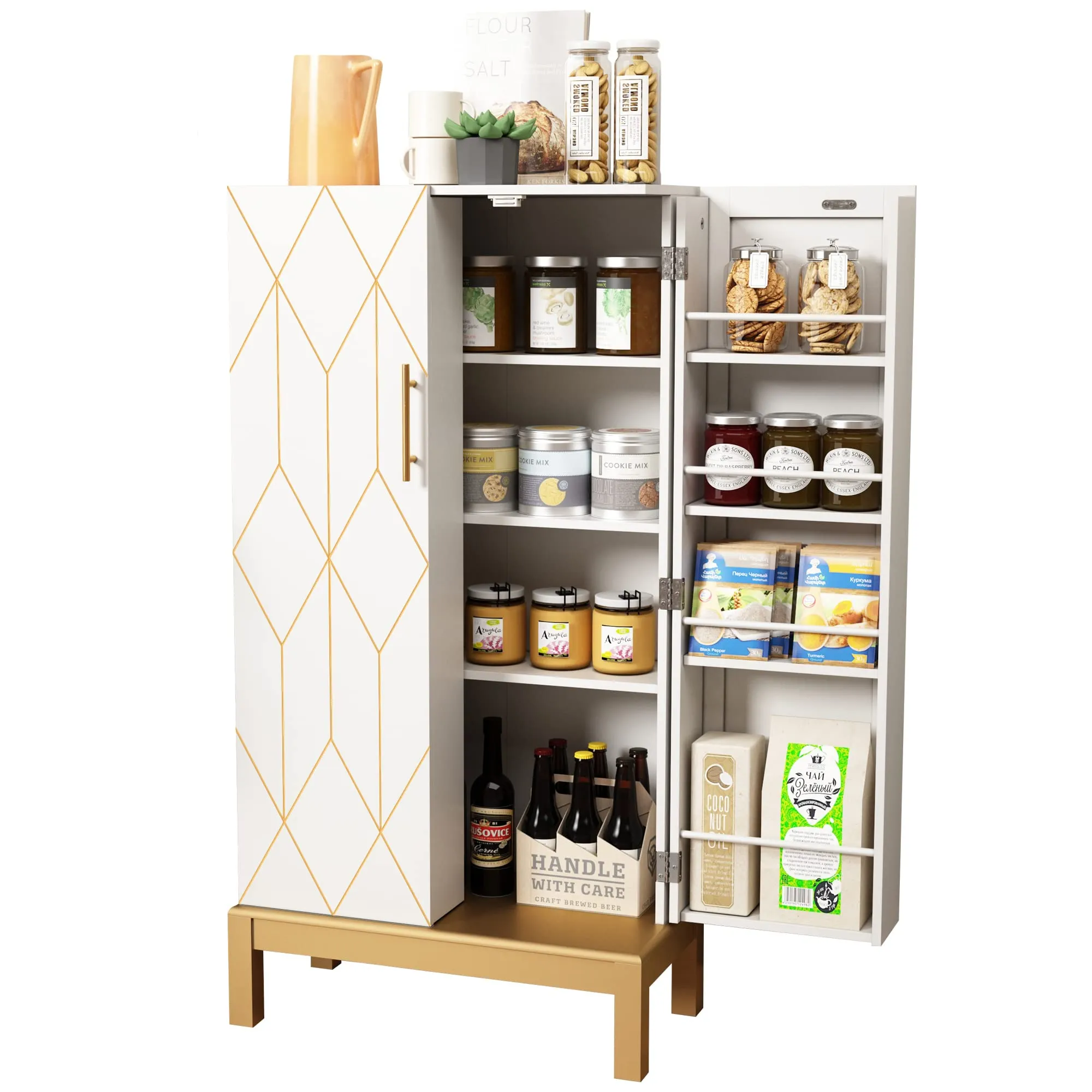 HLR 45" Classic White Kitchen Pantry Cabinet with Gold Trim for Kitchen, Dining Room