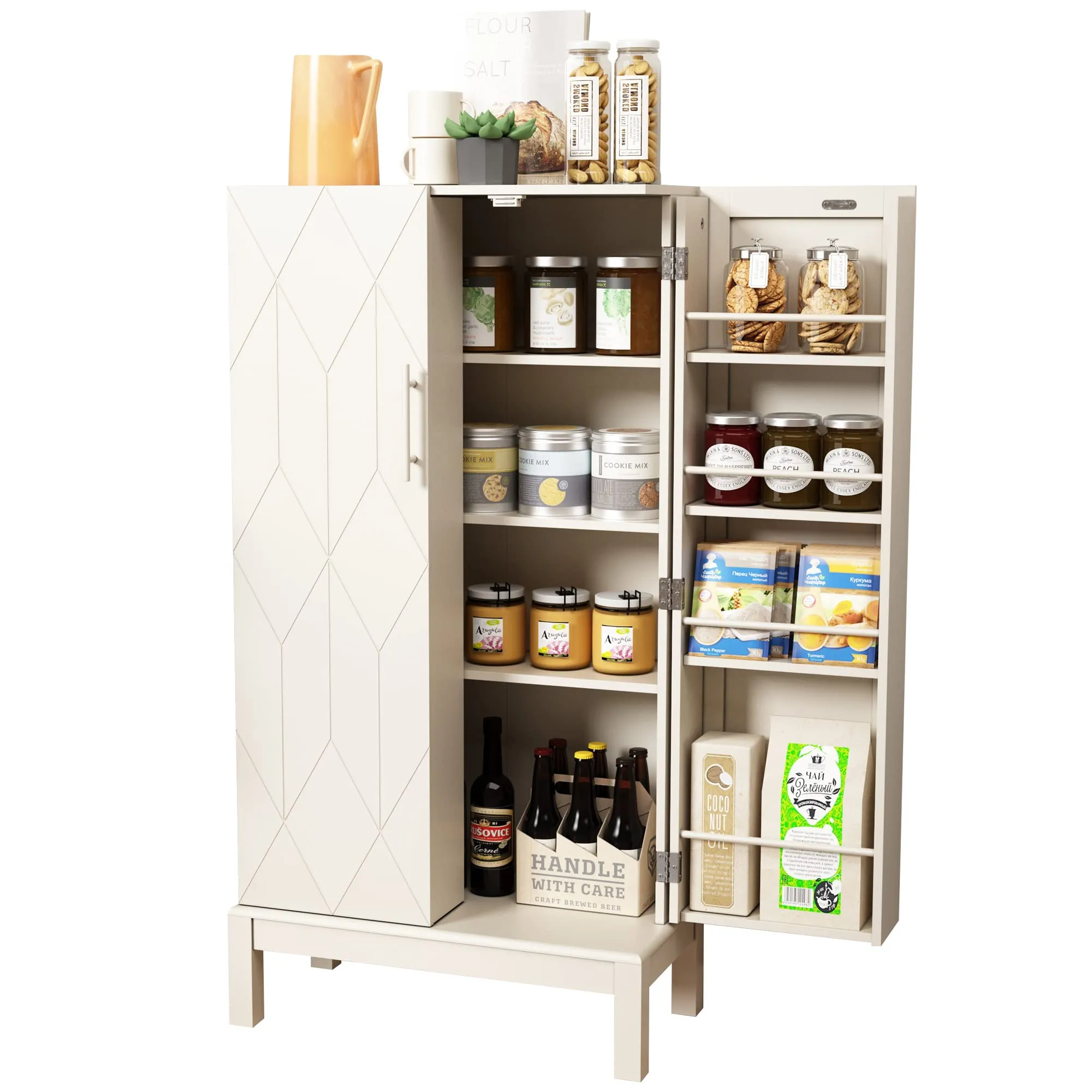 HLR 45" Classic White Kitchen Pantry Cabinet with Gold Trim for Kitchen, Dining Room
