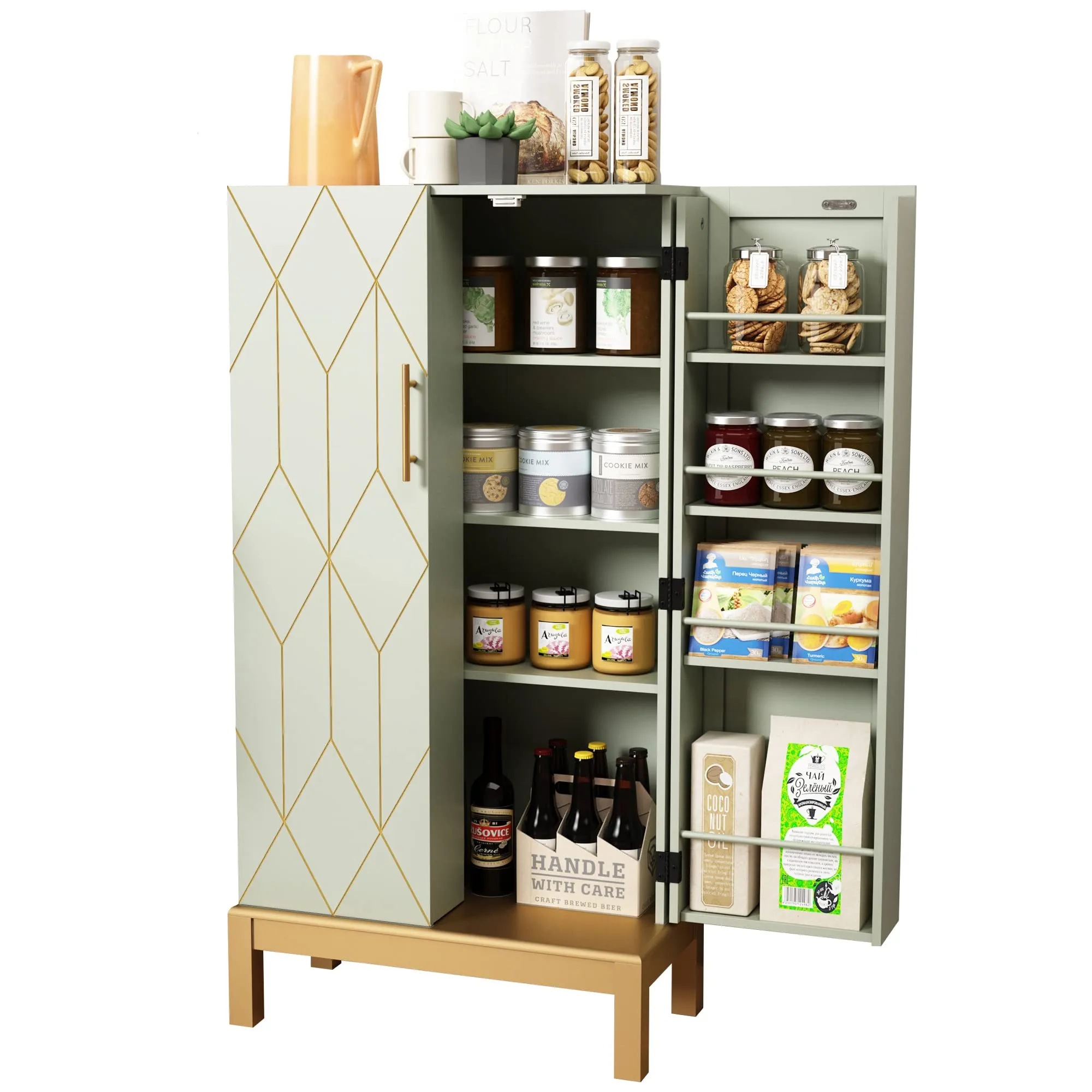 HLR 45" Classic White Kitchen Pantry Cabinet with Gold Trim for Kitchen, Dining Room