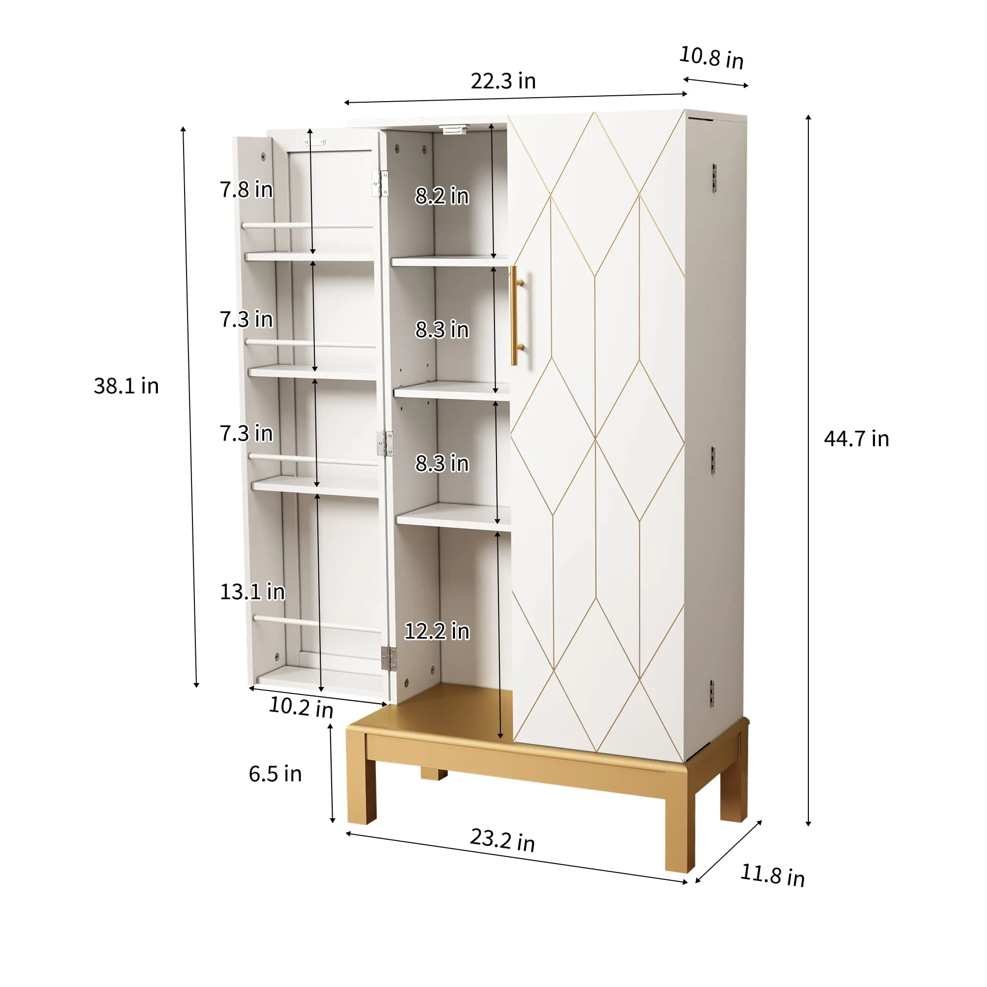 HLR 45" Classic White Kitchen Pantry Cabinet with Gold Trim for Kitchen, Dining Room