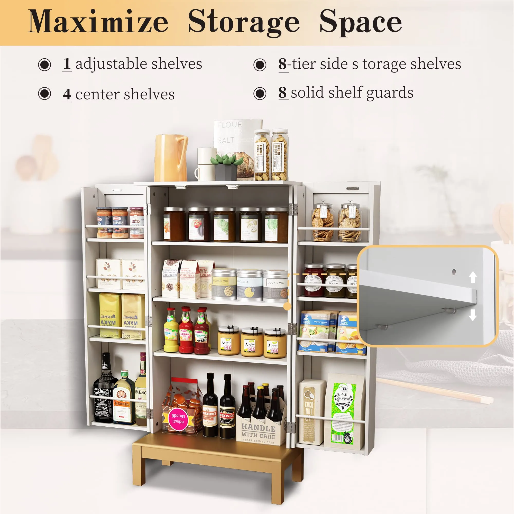 HLR 45" Classic White Kitchen Pantry Cabinet with Gold Trim for Kitchen, Dining Room