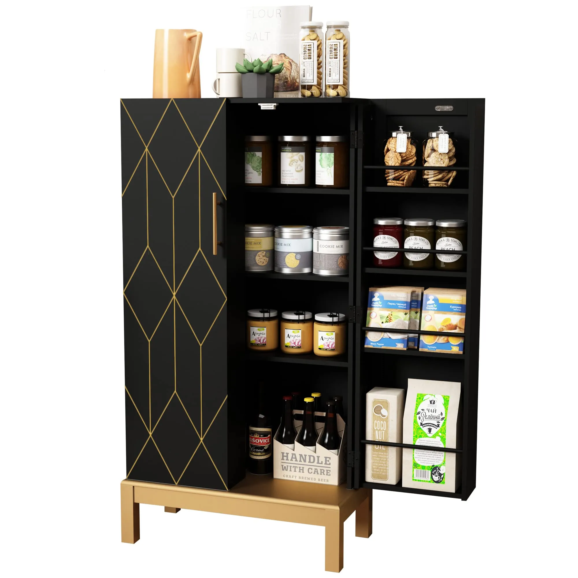 HLR 45" Classic White Kitchen Pantry Cabinet with Gold Trim for Kitchen, Dining Room