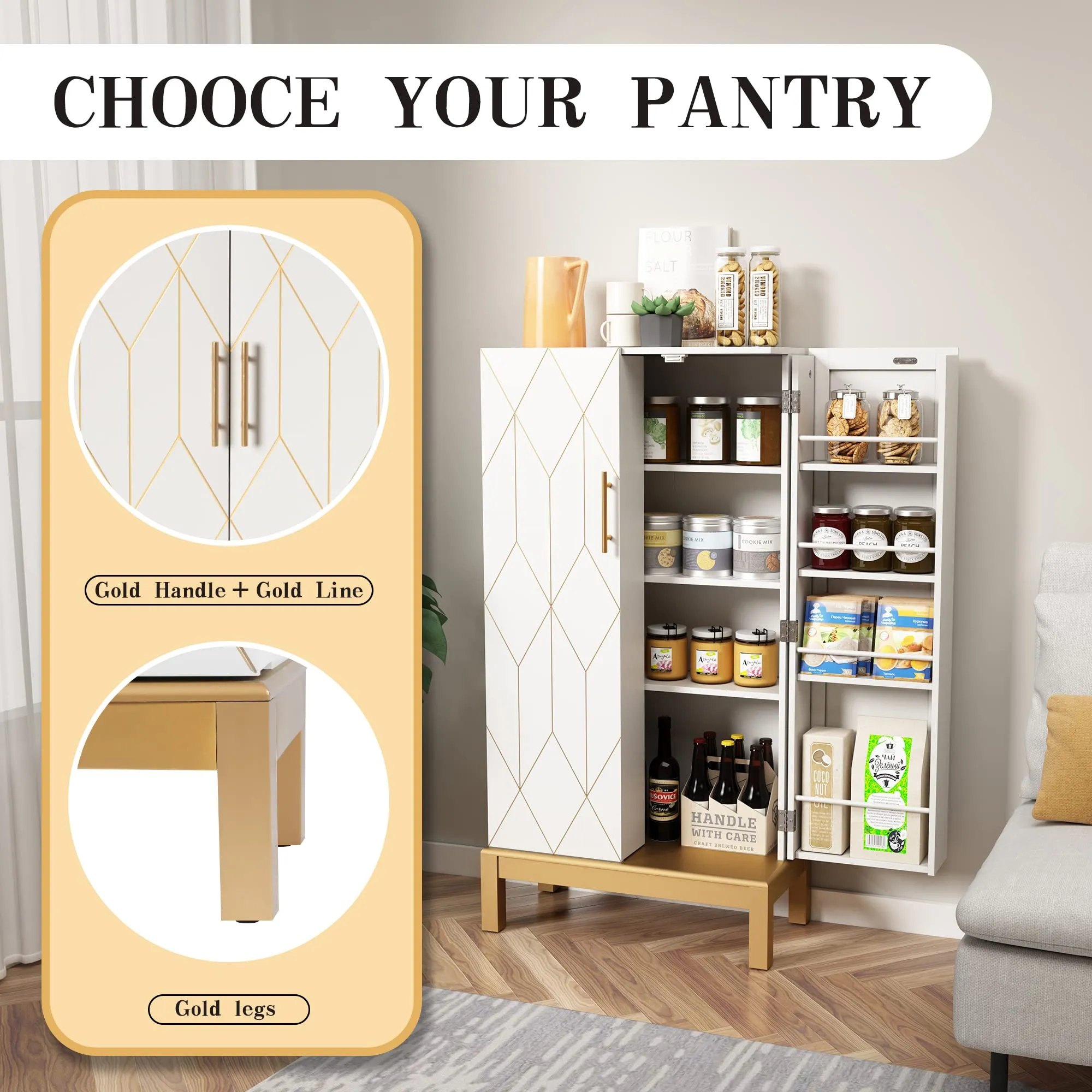 HLR 45" Classic White Kitchen Pantry Cabinet with Gold Trim for Kitchen, Dining Room