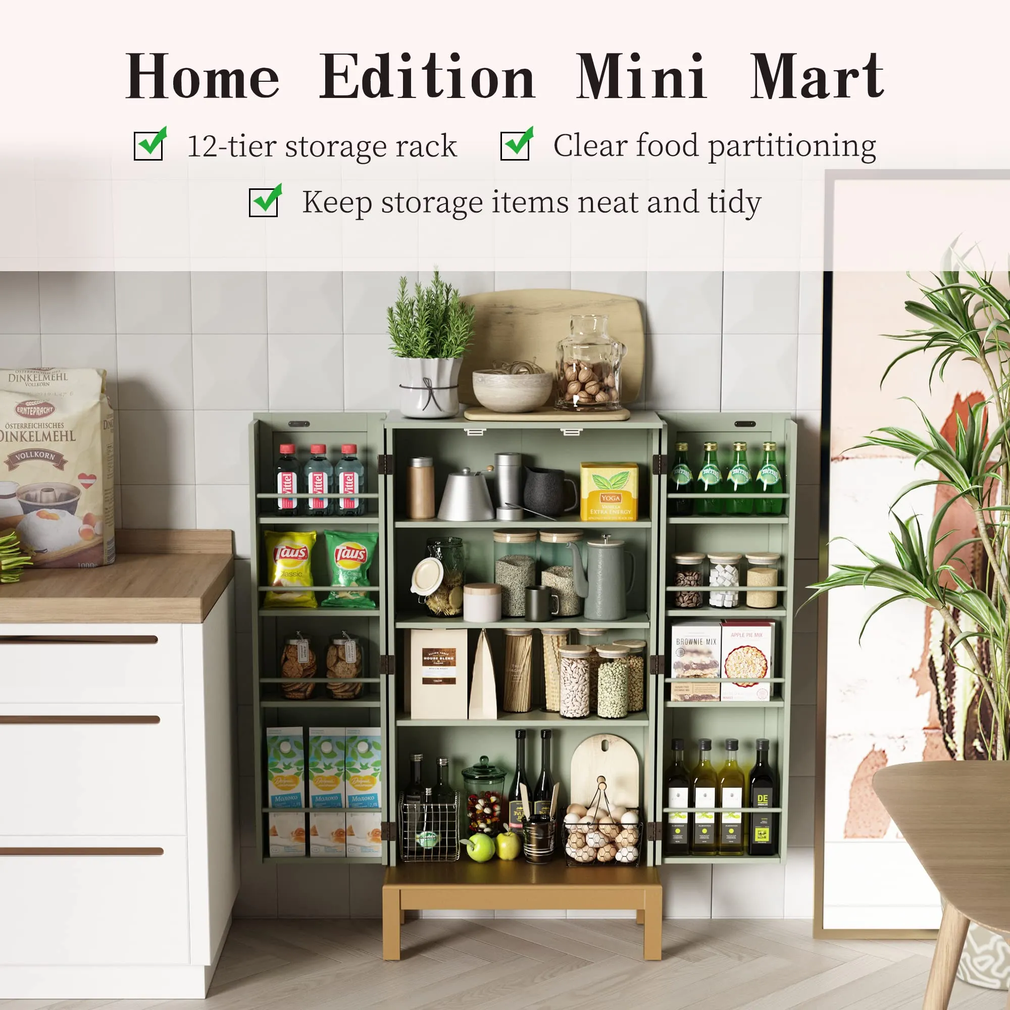 HLR 45" Green Kitchen Pantry Cabinet with Gold Trim for Kitchen, Dining Room