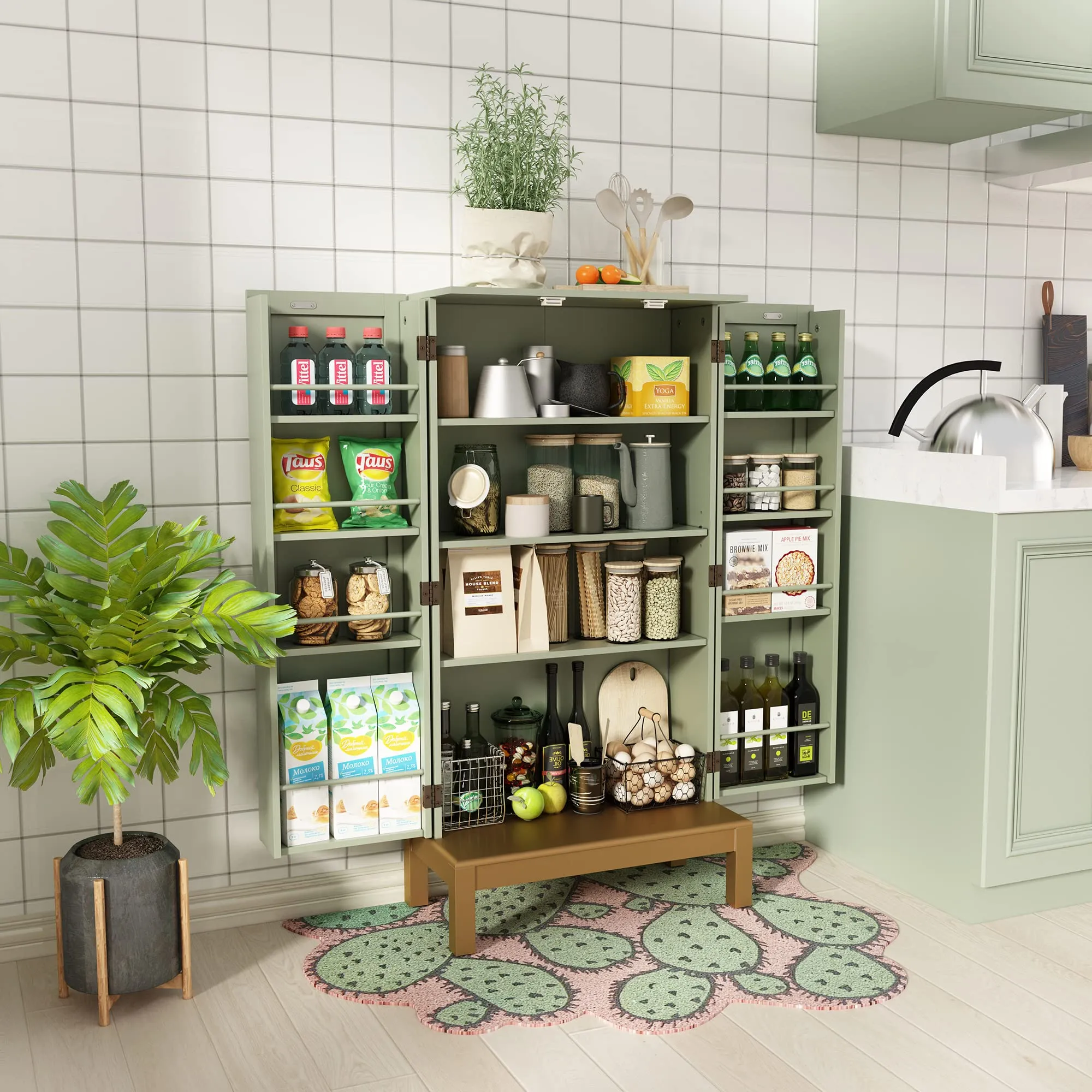 HLR 45" Green Kitchen Pantry Cabinet with Gold Trim for Kitchen, Dining Room