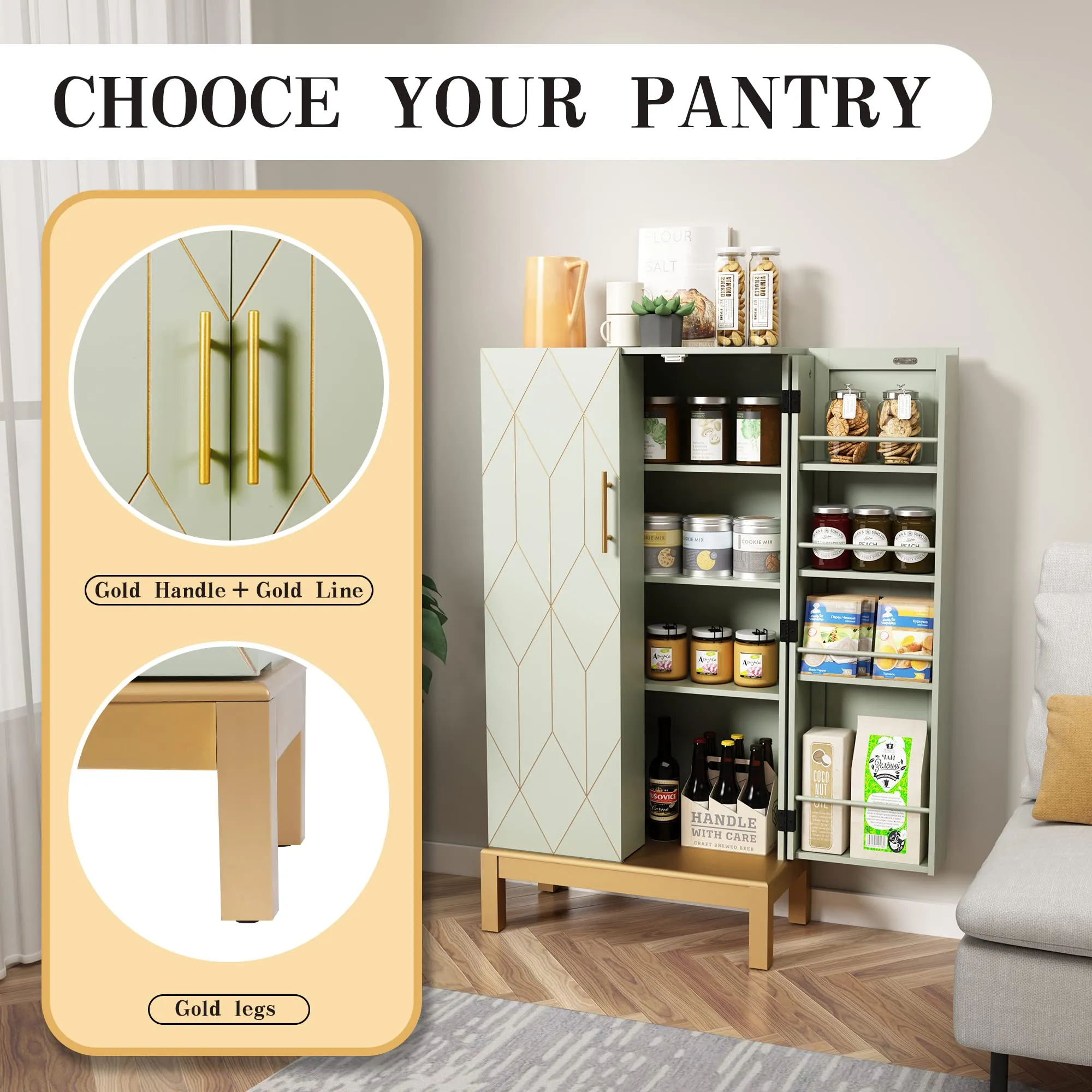HLR 45" Green Kitchen Pantry Cabinet with Gold Trim for Kitchen, Dining Room