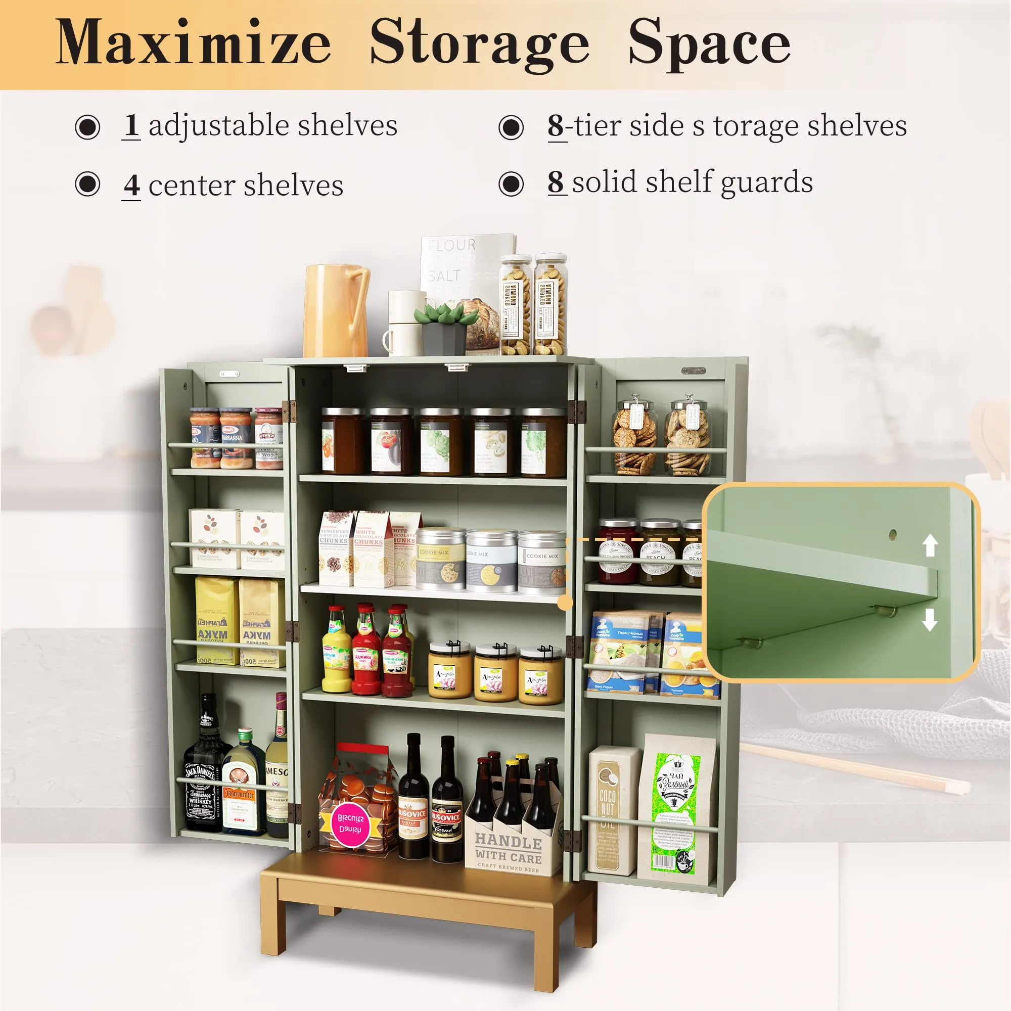 HLR 45" Green Kitchen Pantry Cabinet with Gold Trim for Kitchen, Dining Room