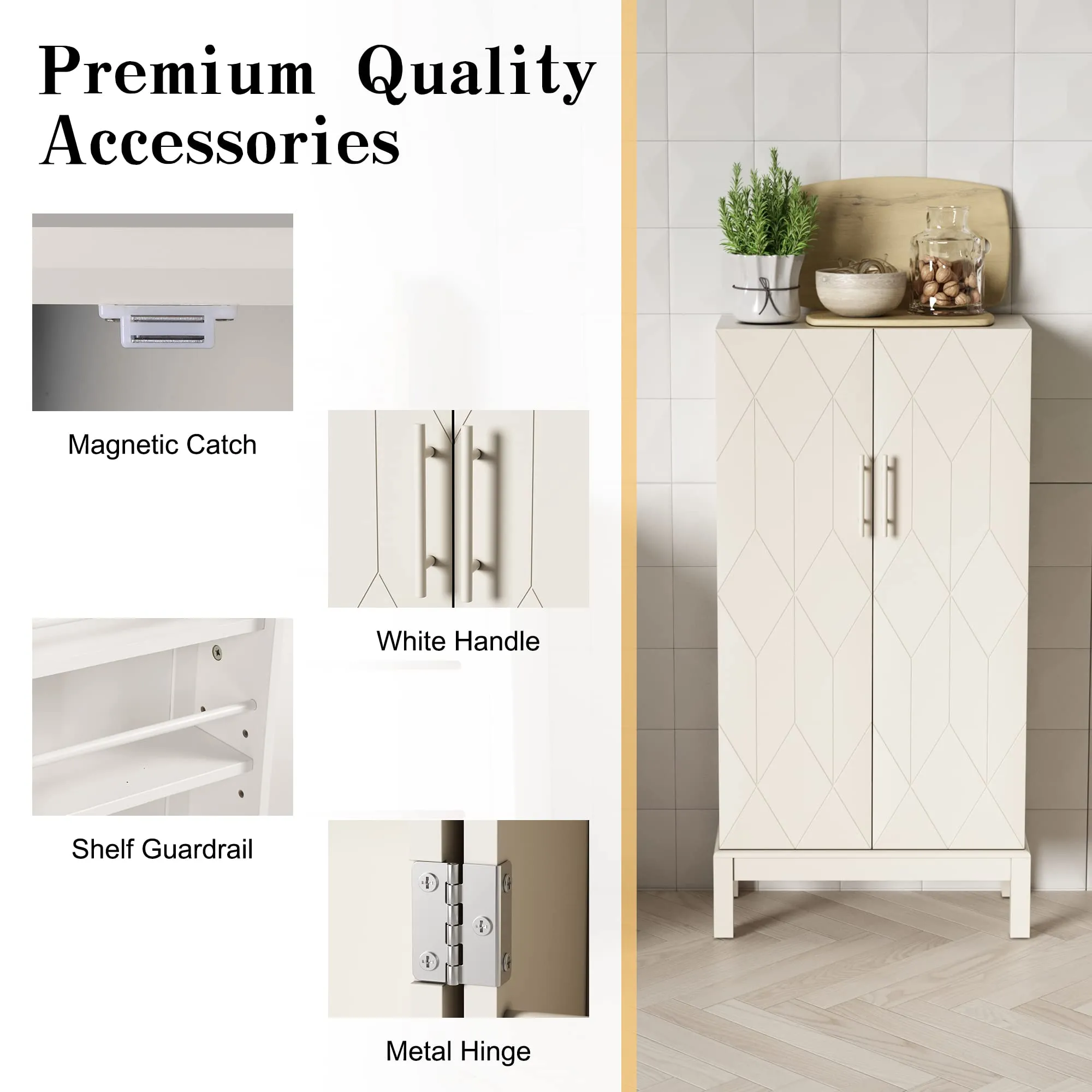 HLR 45" Irovy White Kitchen Pantry Cabinet with Gold Trim for Kitchen, Dining Room