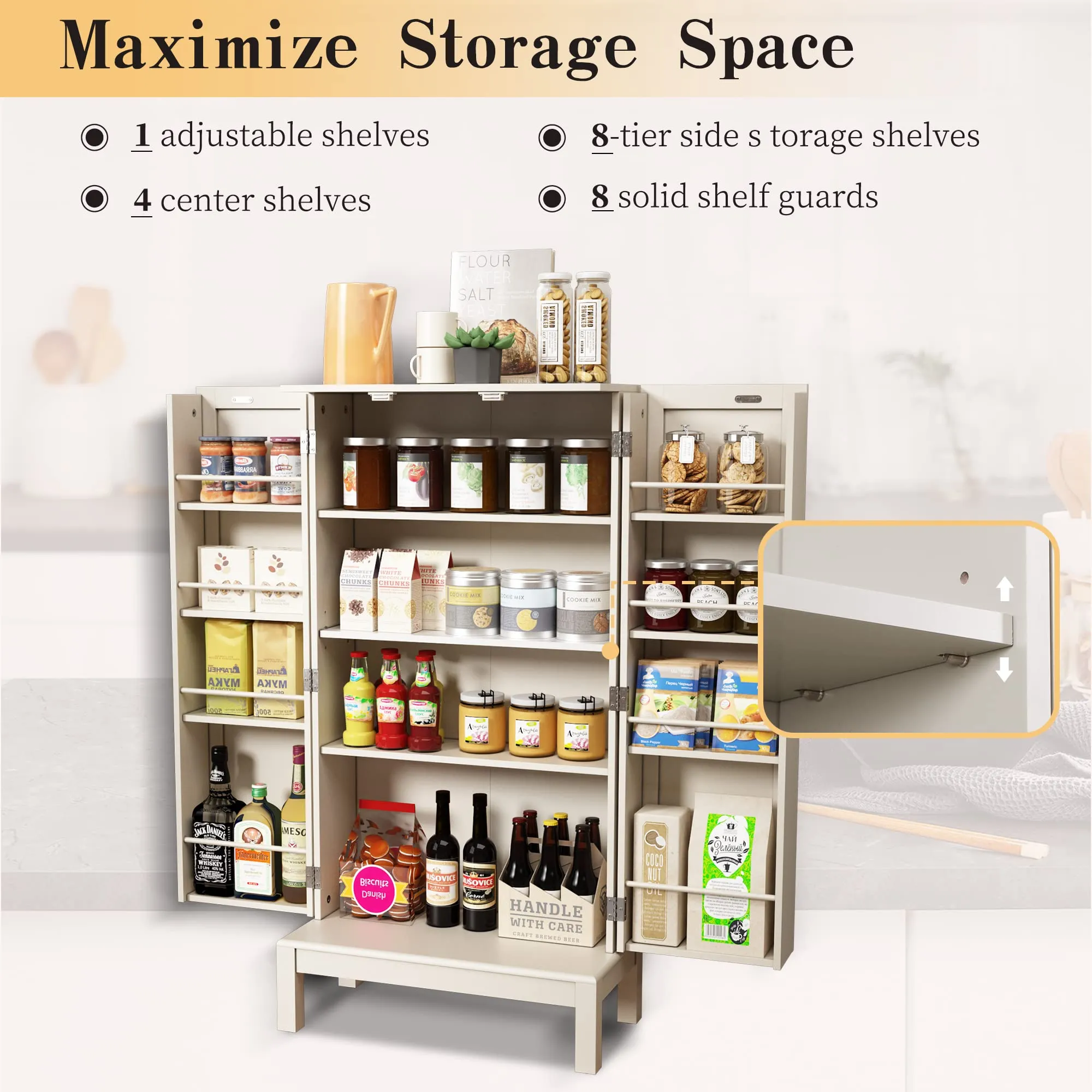 HLR 45" Irovy White Kitchen Pantry Cabinet with Gold Trim for Kitchen, Dining Room