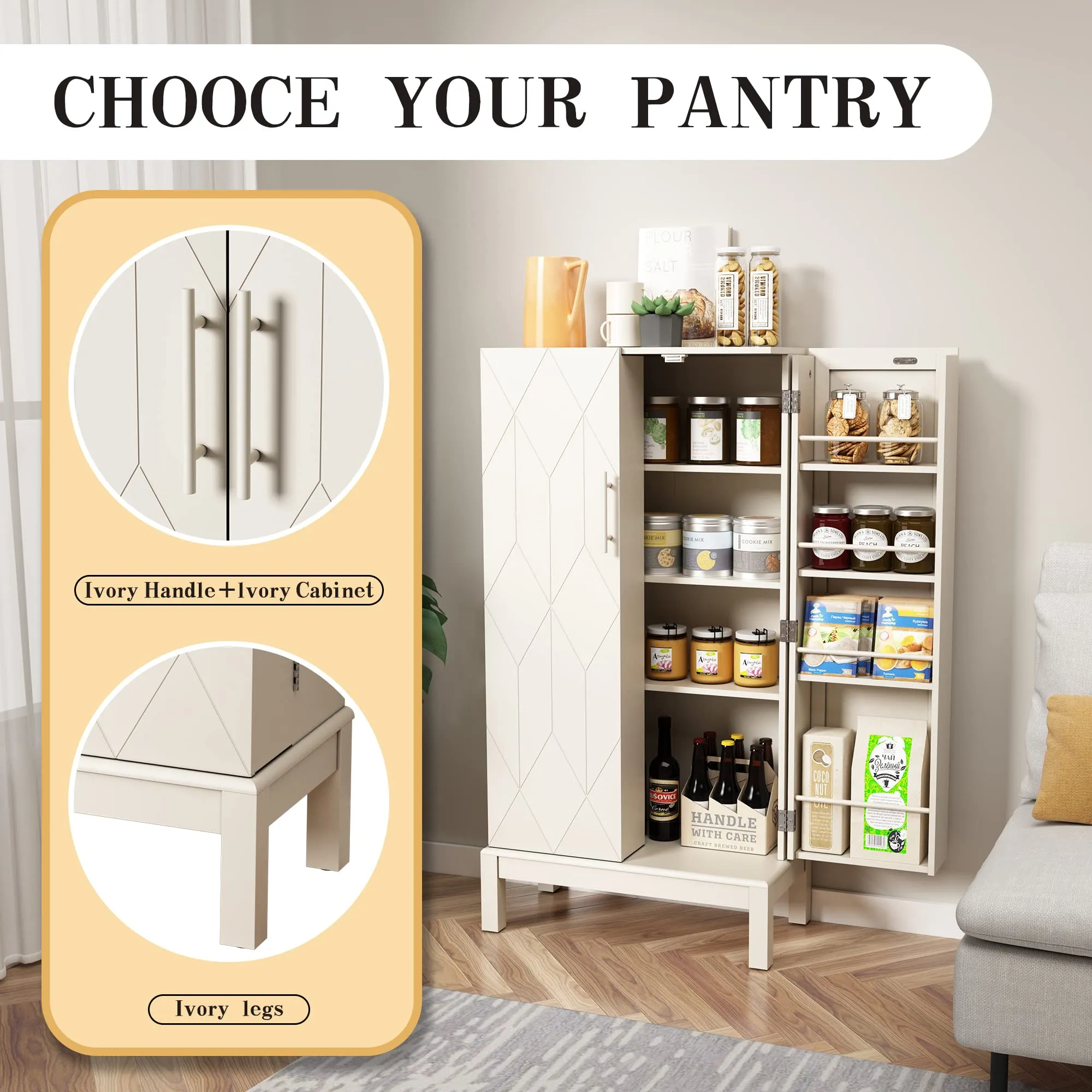 HLR 45" Irovy White Kitchen Pantry Cabinet with Gold Trim for Kitchen, Dining Room