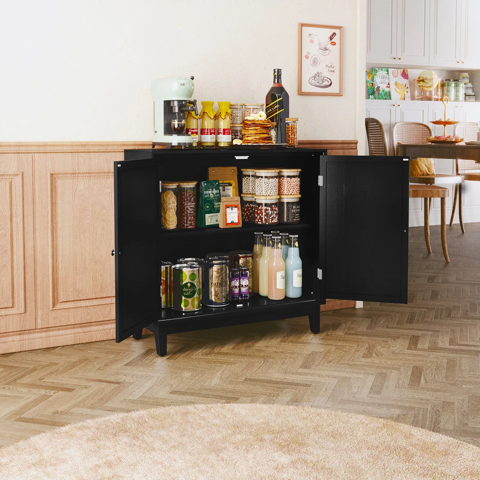 HLR Black Modern Sideboard Buffet with 2 Mirror Doors, Accent Storage Cabinet for Living, Dining Room & Entryway
