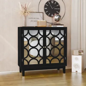 HLR Black Modern Sideboard Buffet with 2 Mirror Doors, Accent Storage Cabinet for Living, Dining Room & Entryway