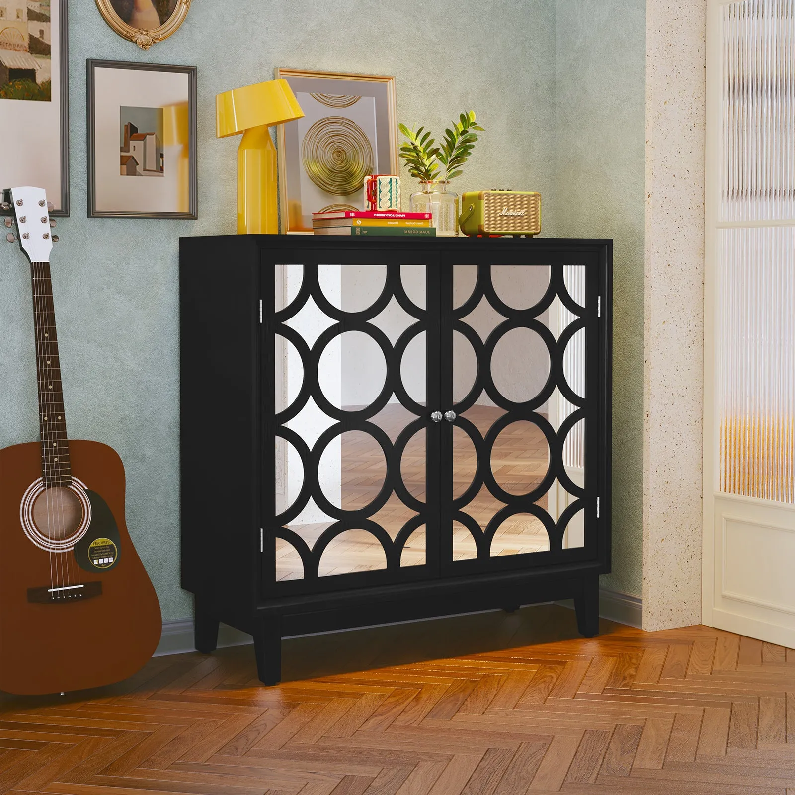 HLR Black Modern Sideboard Buffet with 2 Mirror Doors, Accent Storage Cabinet for Living, Dining Room & Entryway