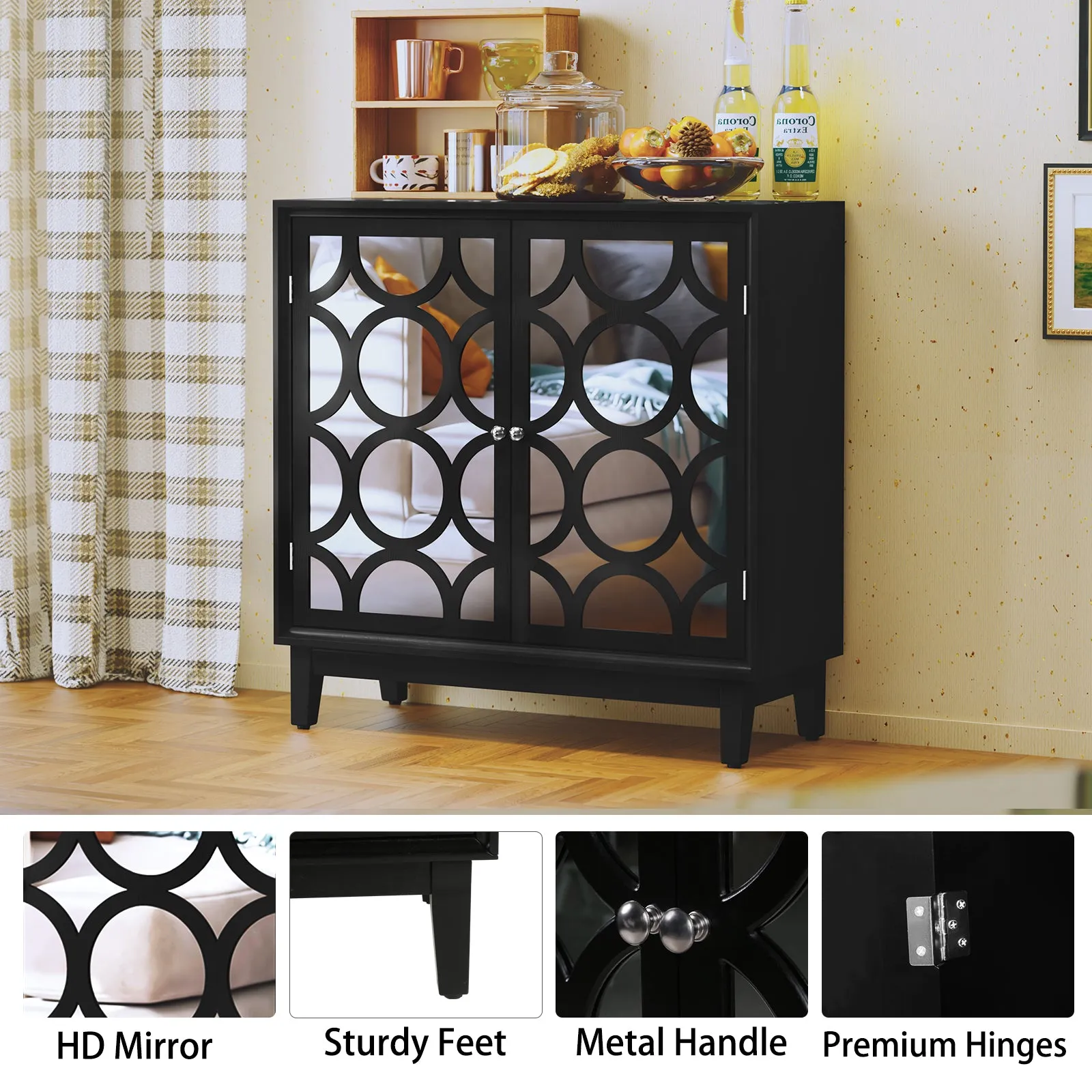 HLR Black Modern Sideboard Buffet with 2 Mirror Doors, Accent Storage Cabinet for Living, Dining Room & Entryway