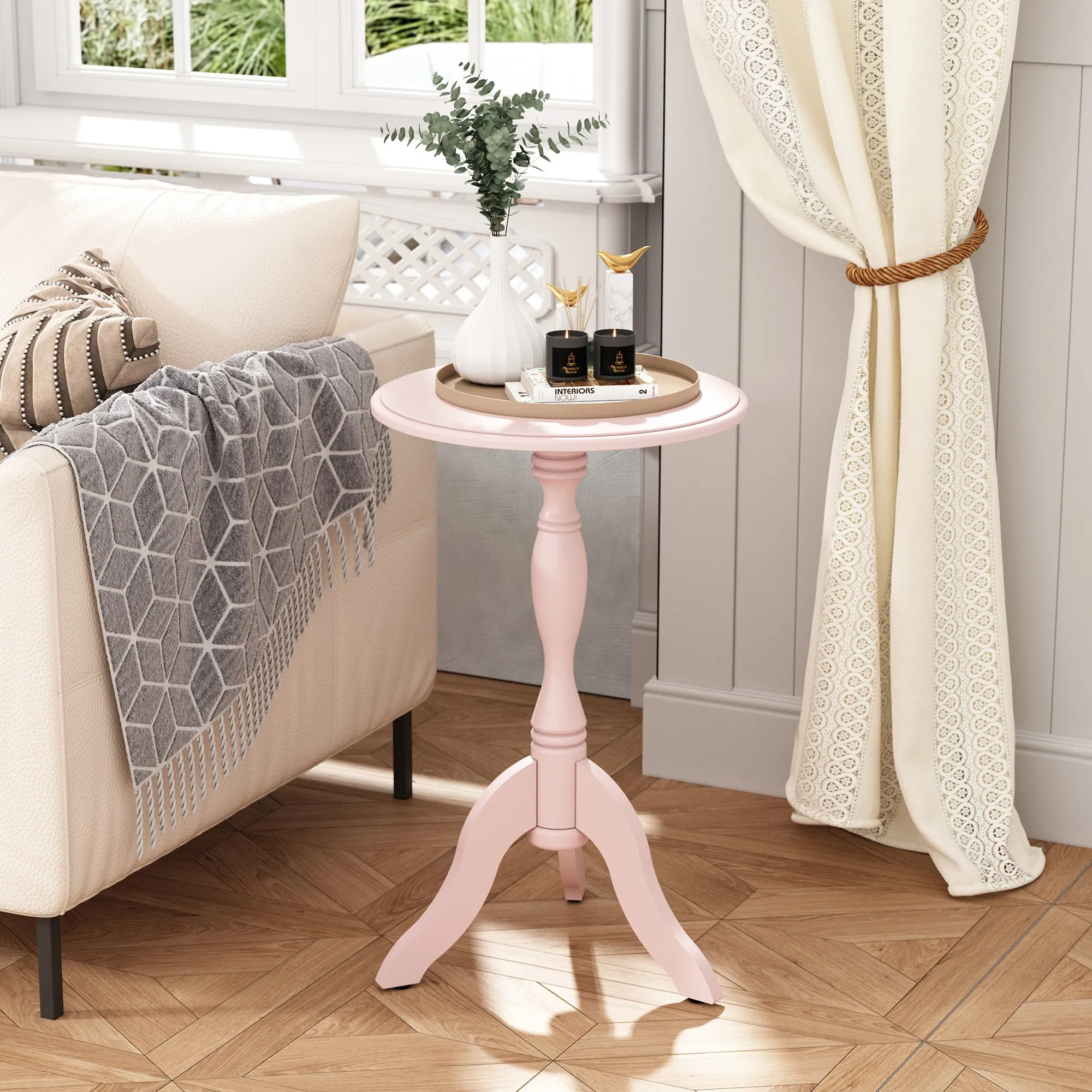 HLR Pink Round Wooden Pedestal End Table, Vintage Side Table for Living, Bedroom & Entryway