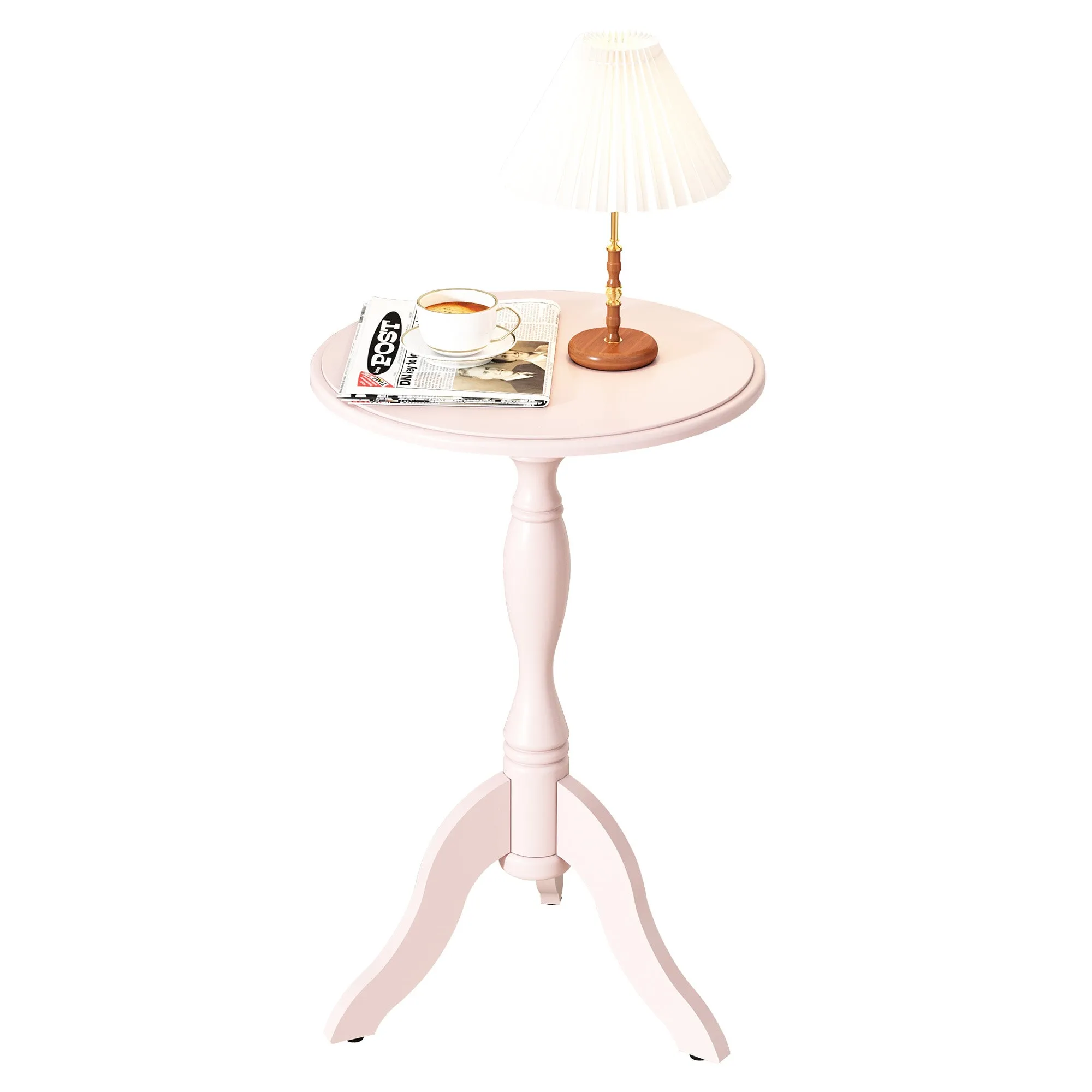 HLR Pink Round Wooden Pedestal End Table, Vintage Side Table for Living, Bedroom & Entryway