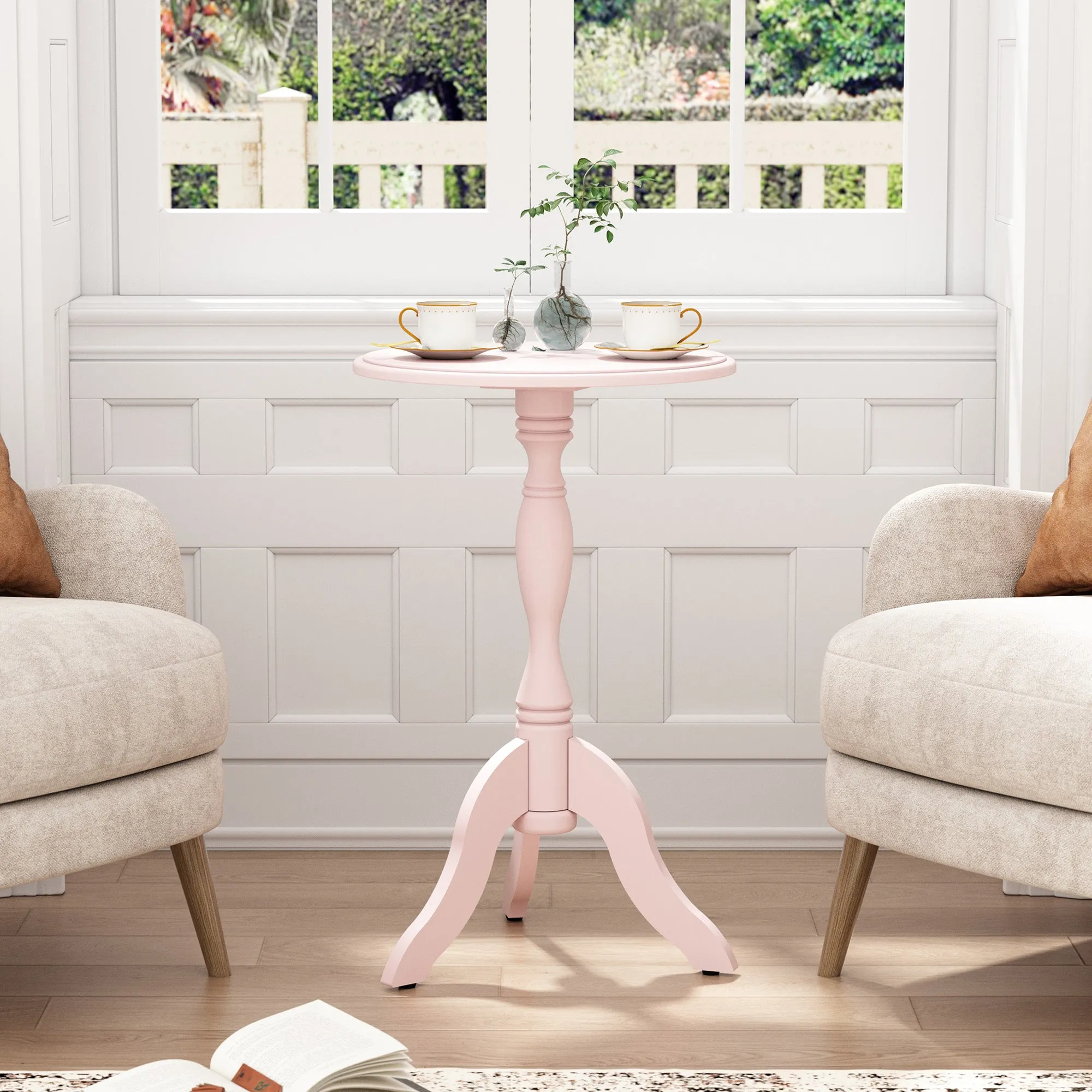 HLR Pink Round Wooden Pedestal End Table, Vintage Side Table for Living, Bedroom & Entryway