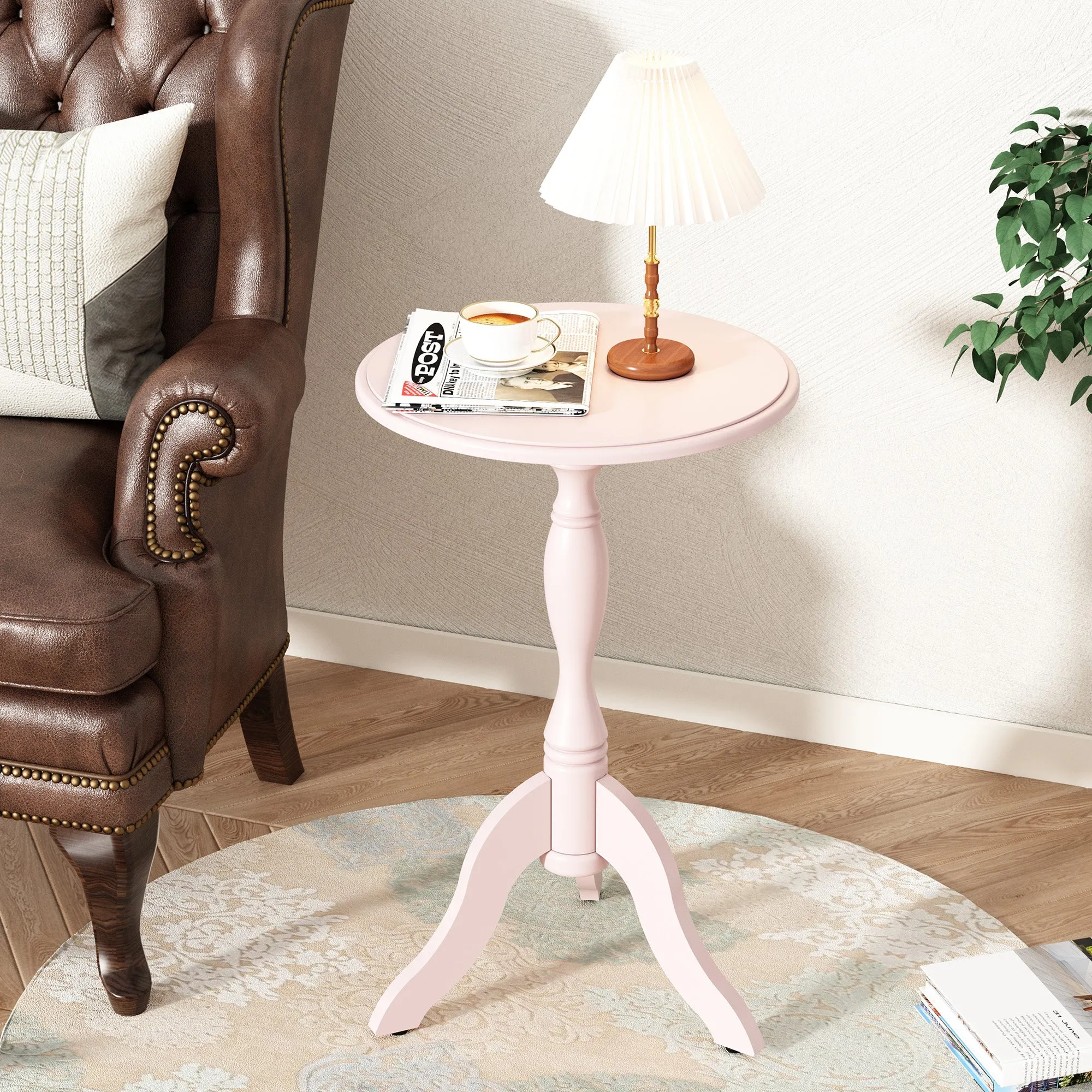 HLR Pink Round Wooden Pedestal End Table, Vintage Side Table for Living, Bedroom & Entryway
