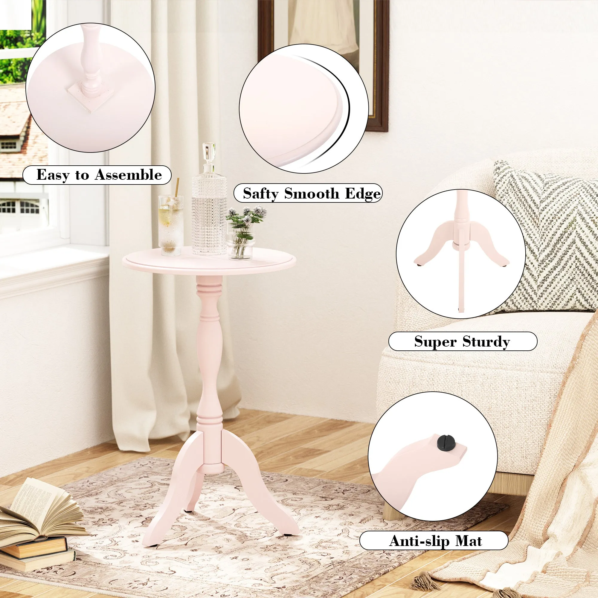 HLR Pink Round Wooden Pedestal End Table, Vintage Side Table for Living, Bedroom & Entryway