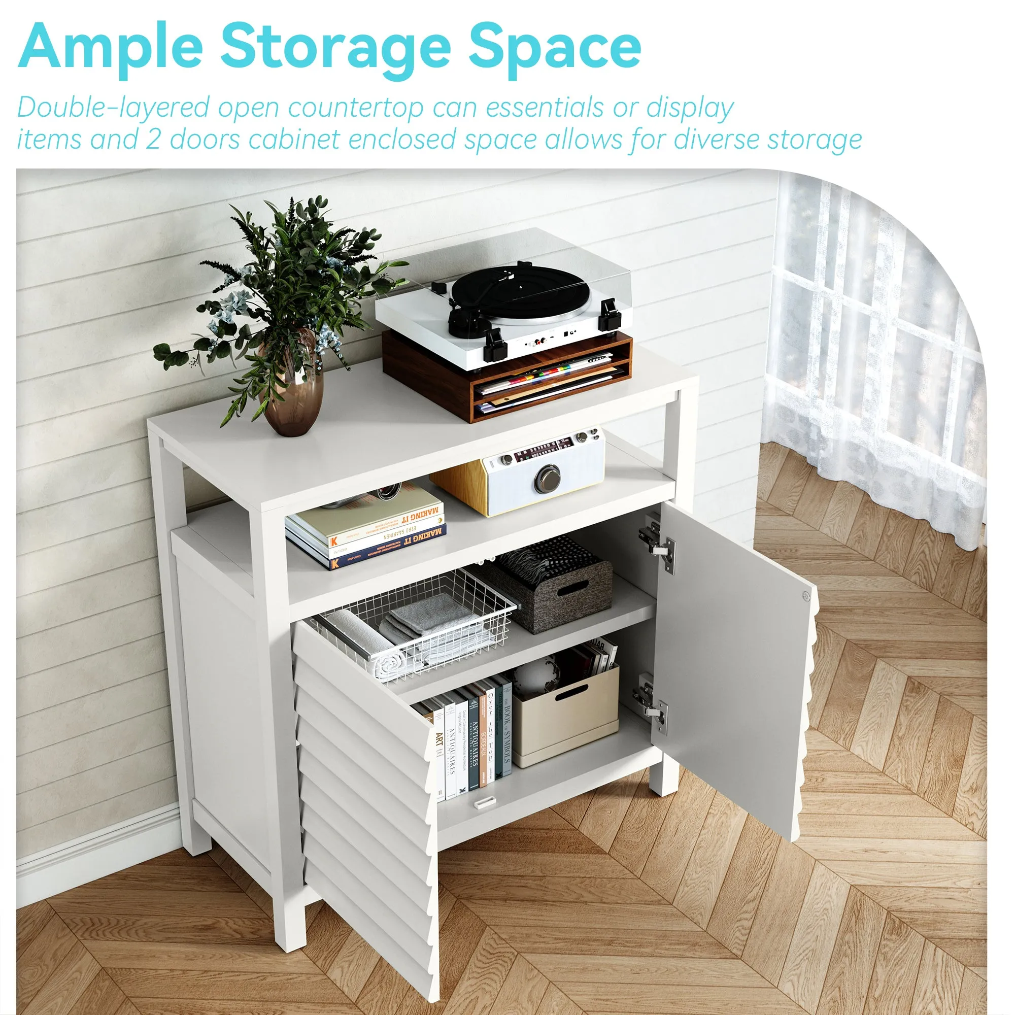 HLR White Sideboard Buffet Credenza with 2 Doors & Open Shelf, Louver Design Decorative Storage Cabinet for Entryway, Bathroom, Living & Kitchen