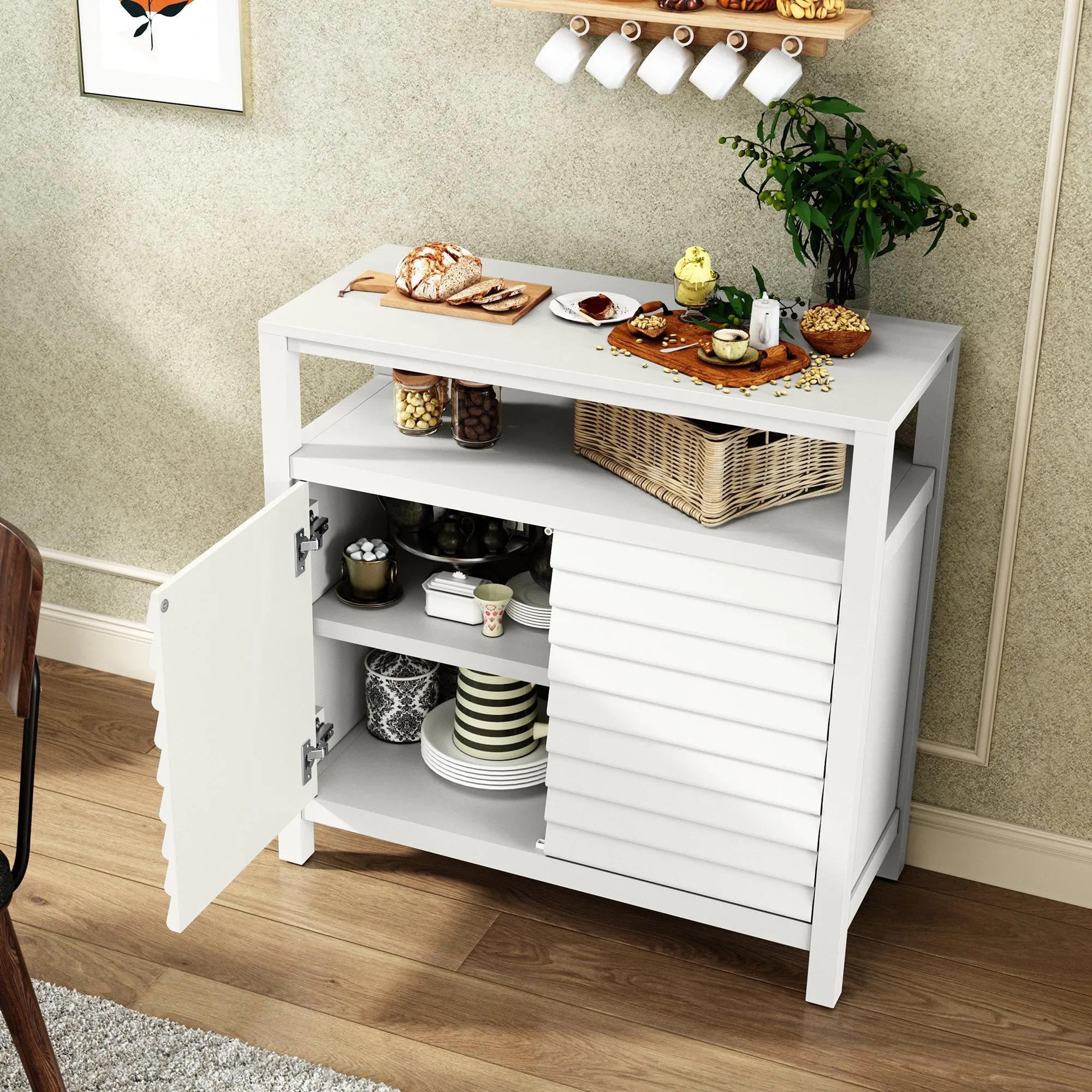 HLR White Sideboard Buffet Credenza with 2 Doors & Open Shelf, Louver Design Decorative Storage Cabinet for Entryway, Bathroom, Living & Kitchen