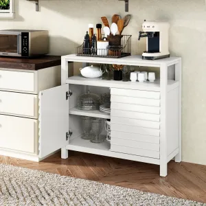 HLR White Sideboard Buffet Credenza with 2 Doors & Open Shelf, Louver Design Decorative Storage Cabinet for Entryway, Bathroom, Living & Kitchen