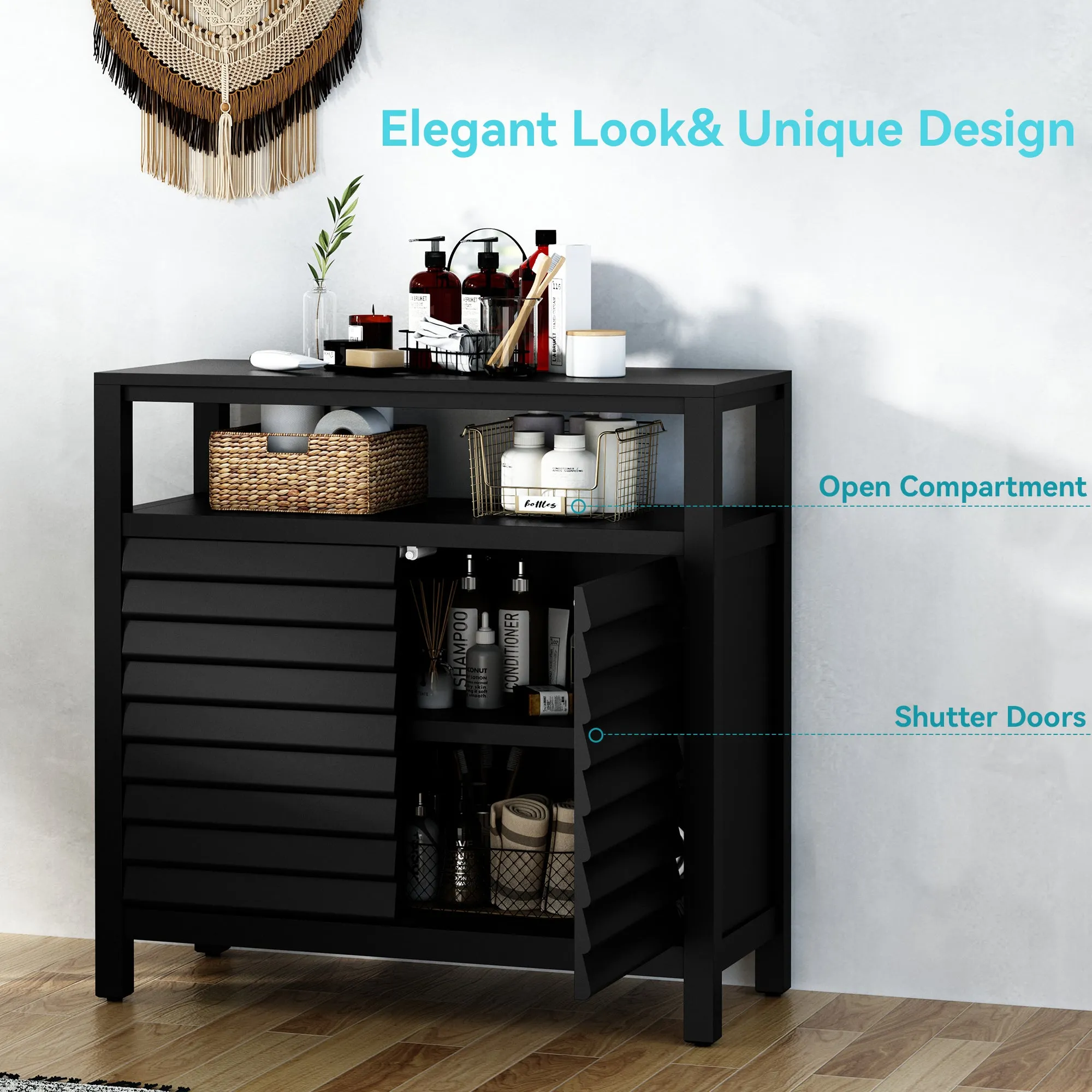 HLR White Sideboard Buffet Credenza with 2 Doors & Open Shelf, Louver Design Decorative Storage Cabinet for Entryway, Bathroom, Living & Kitchen