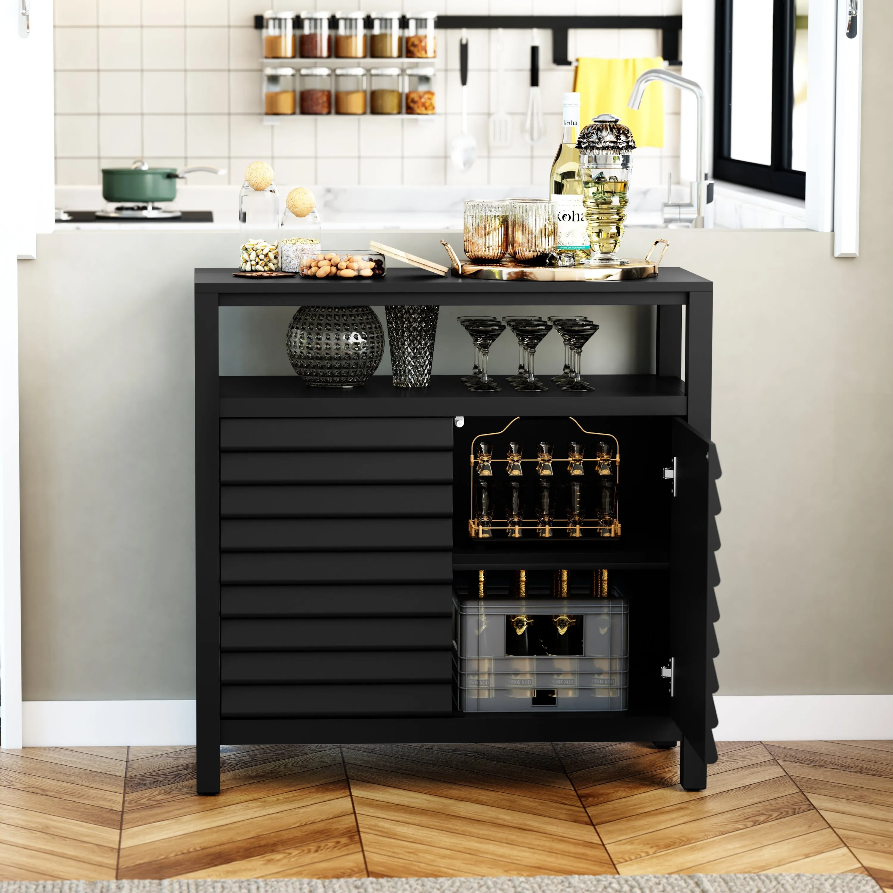 HLR White Sideboard Buffet Credenza with 2 Doors & Open Shelf, Louver Design Decorative Storage Cabinet for Entryway, Bathroom, Living & Kitchen
