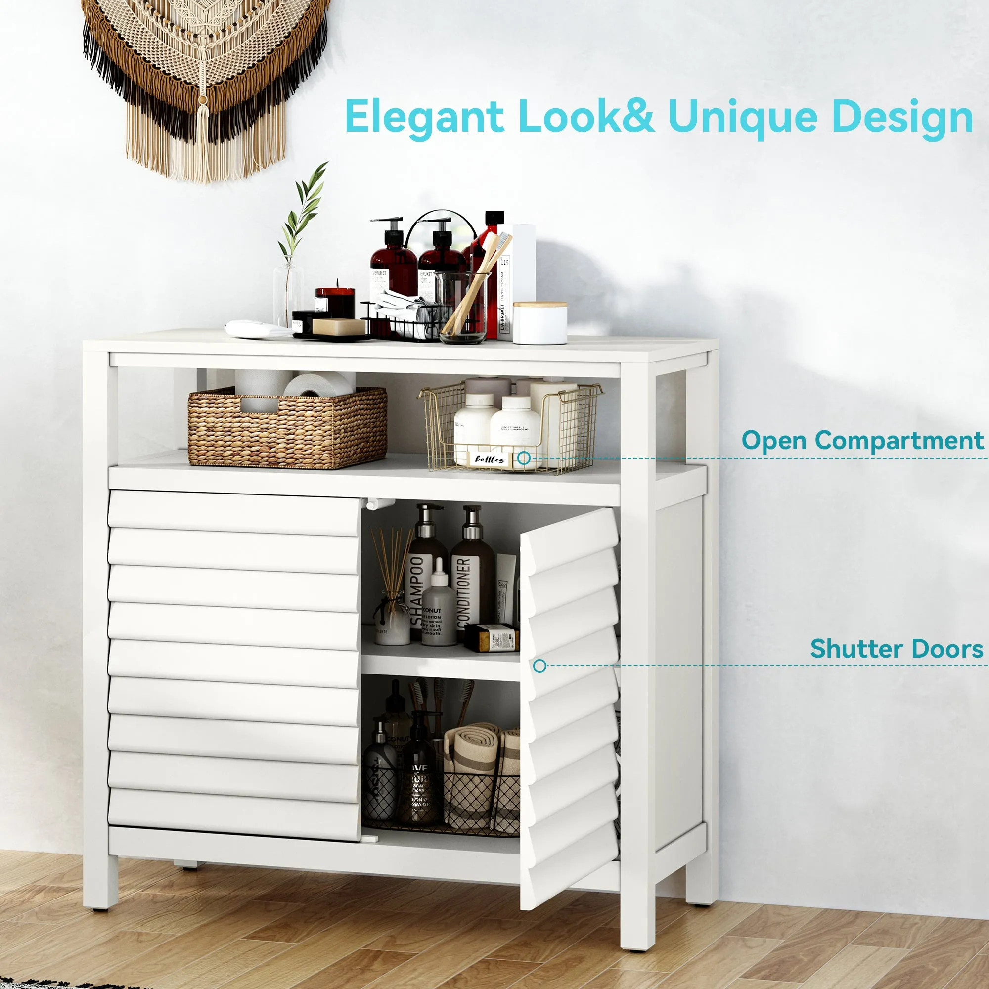 HLR White Sideboard Buffet Credenza with 2 Doors & Open Shelf, Louver Design Decorative Storage Cabinet for Entryway, Bathroom, Living & Kitchen