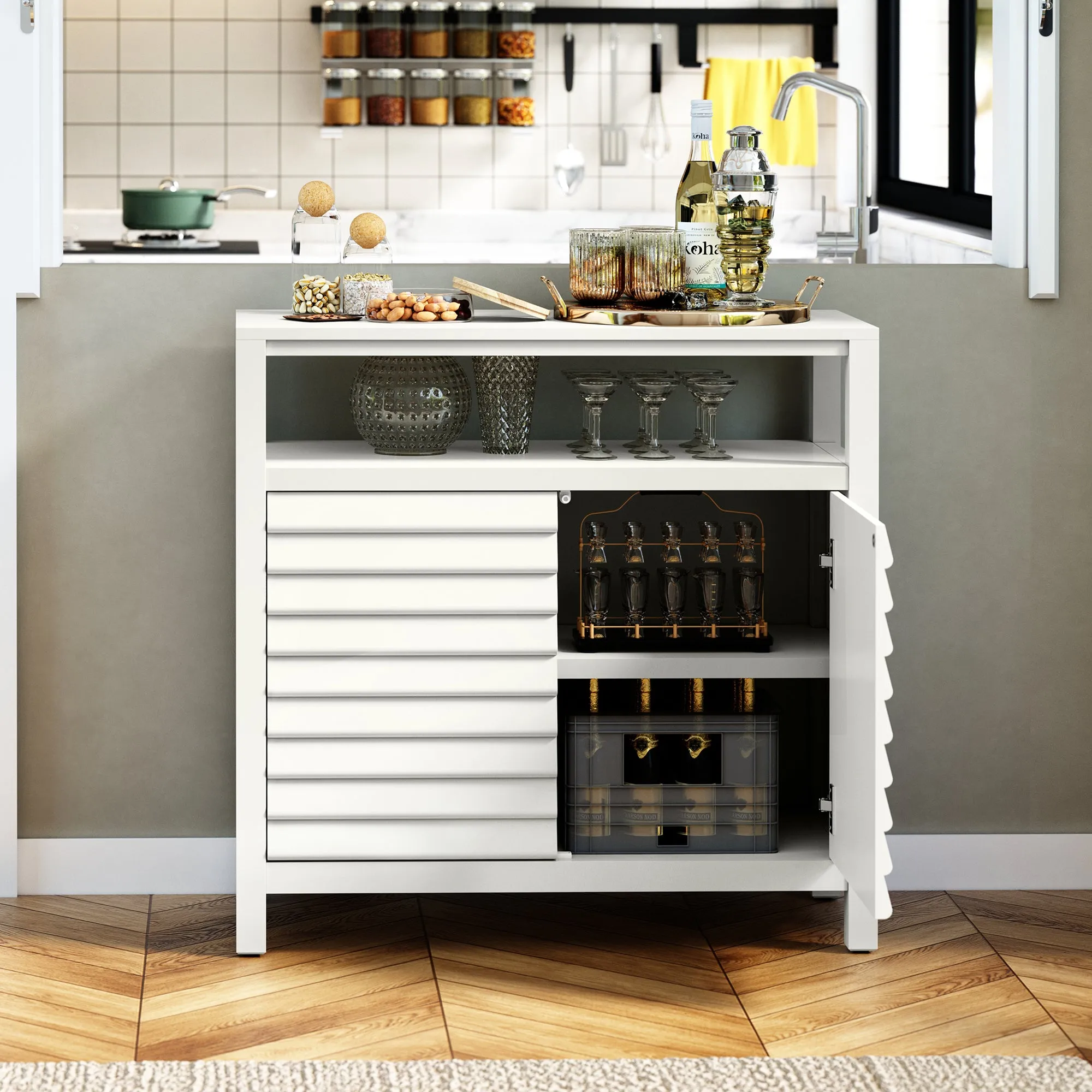 HLR White Sideboard Buffet Credenza with 2 Doors & Open Shelf, Louver Design Decorative Storage Cabinet for Entryway, Bathroom, Living & Kitchen