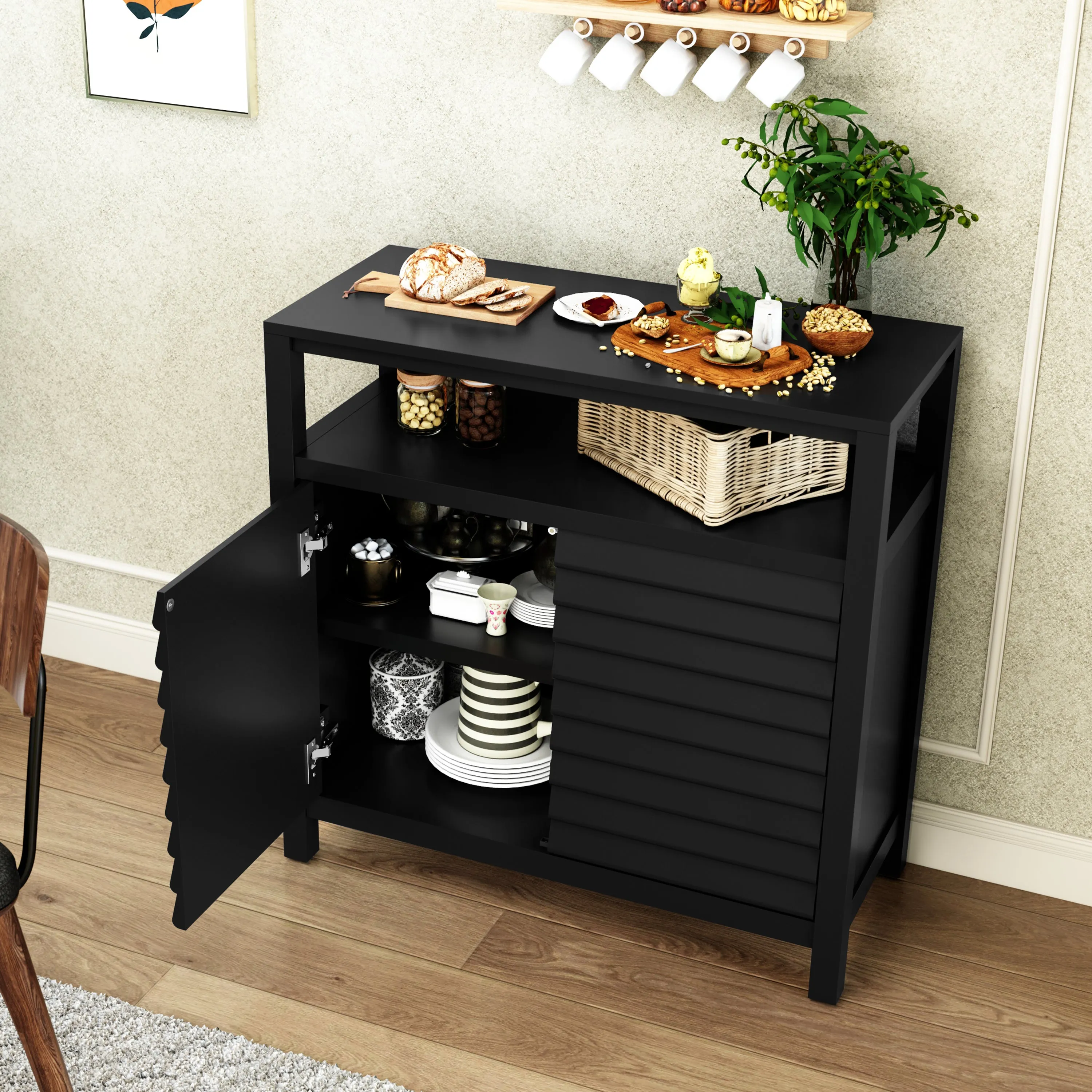 HLR White Sideboard Buffet Credenza with 2 Doors & Open Shelf, Louver Design Decorative Storage Cabinet for Entryway, Bathroom, Living & Kitchen