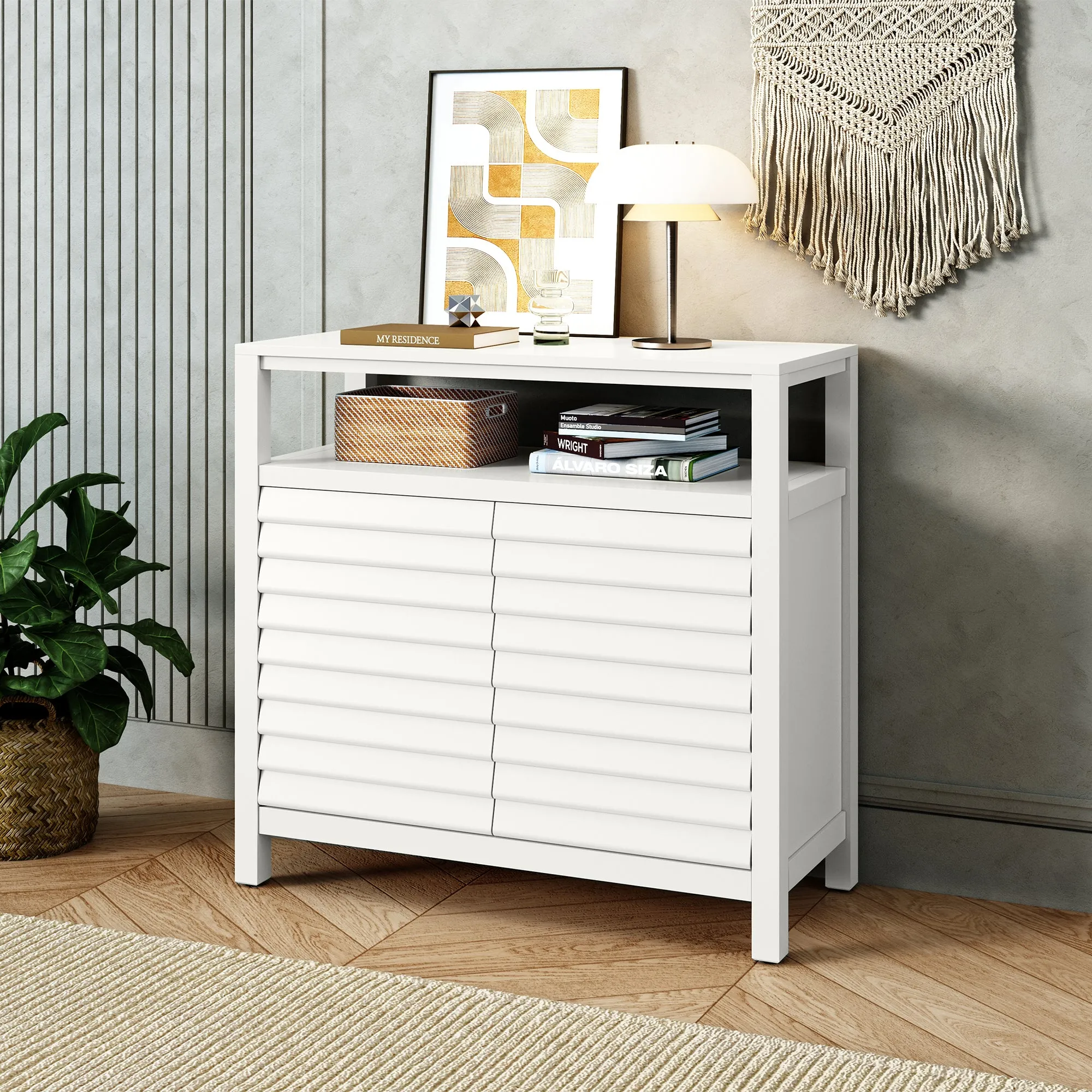 HLR White Sideboard Buffet Credenza with 2 Doors & Open Shelf, Louver Design Decorative Storage Cabinet for Entryway, Bathroom, Living & Kitchen