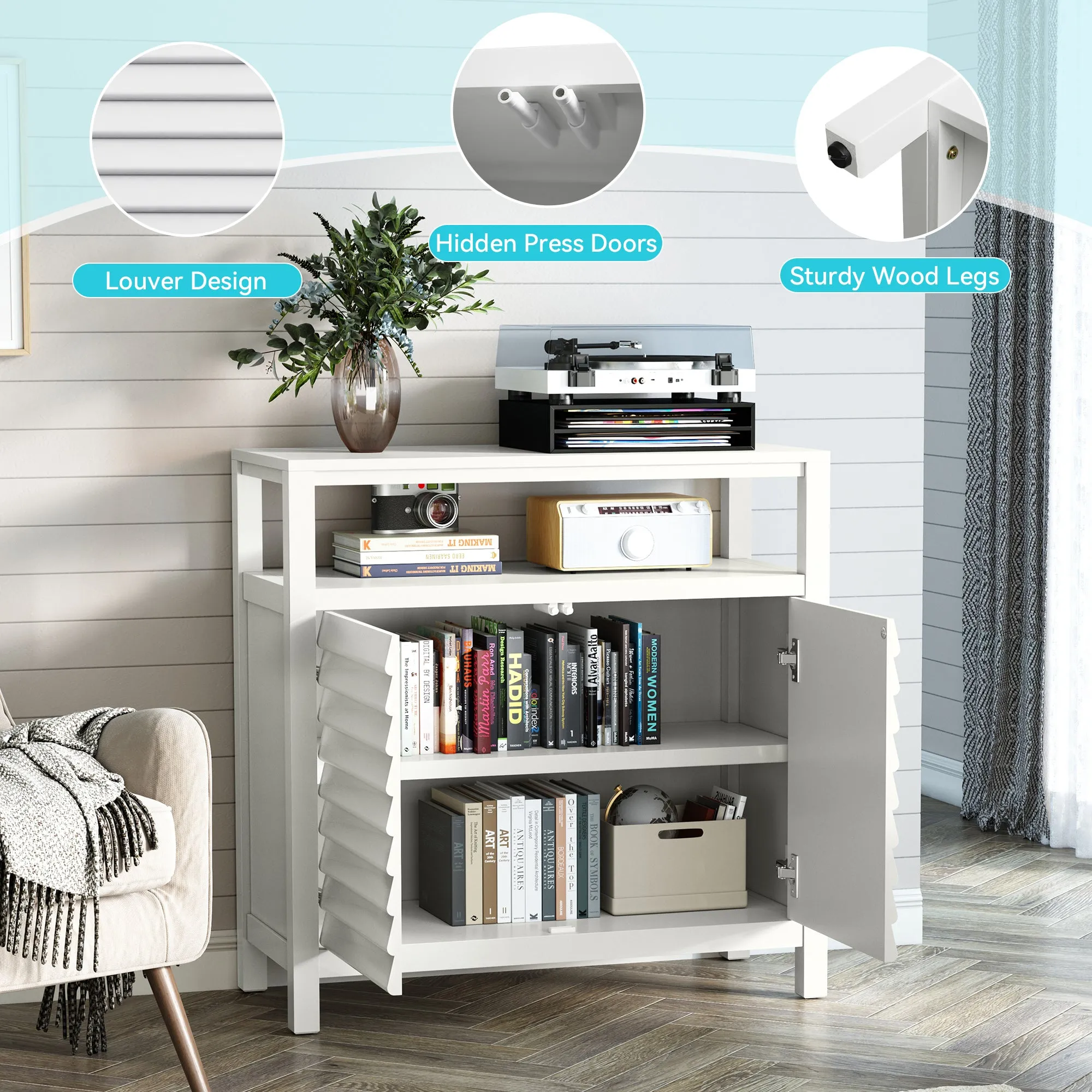 HLR White Sideboard Buffet Credenza with 2 Doors & Open Shelf, Louver Design Decorative Storage Cabinet for Entryway, Bathroom, Living & Kitchen