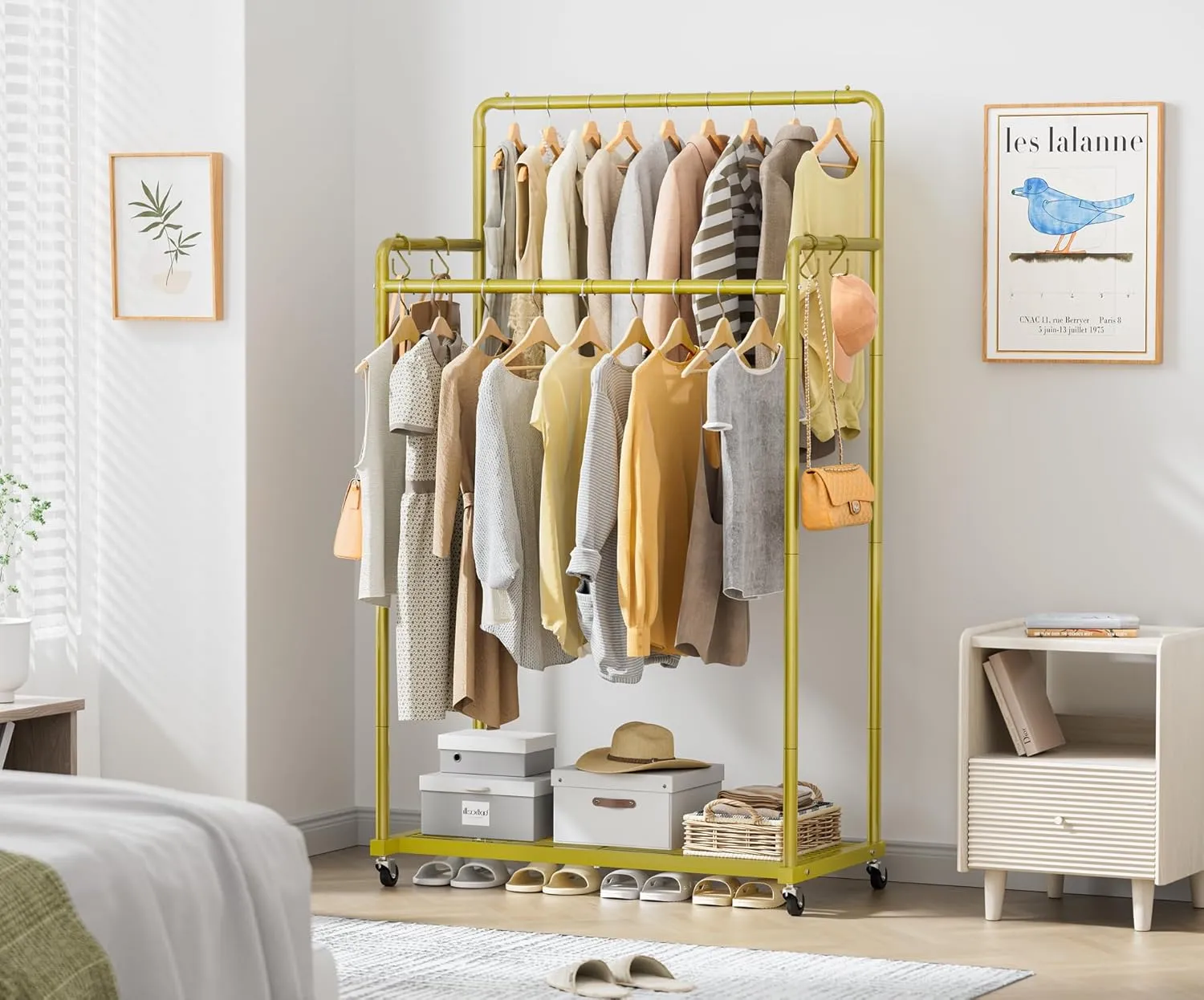 HOMIDEC Clothes Rail,Metal Clothes Rack with Hooks, Double Rads Heavy Duty Clothing Rail for Bedroom,Portable Clothing Rack Clothes Storage Shelf,Hold up to 80 kg,Gold