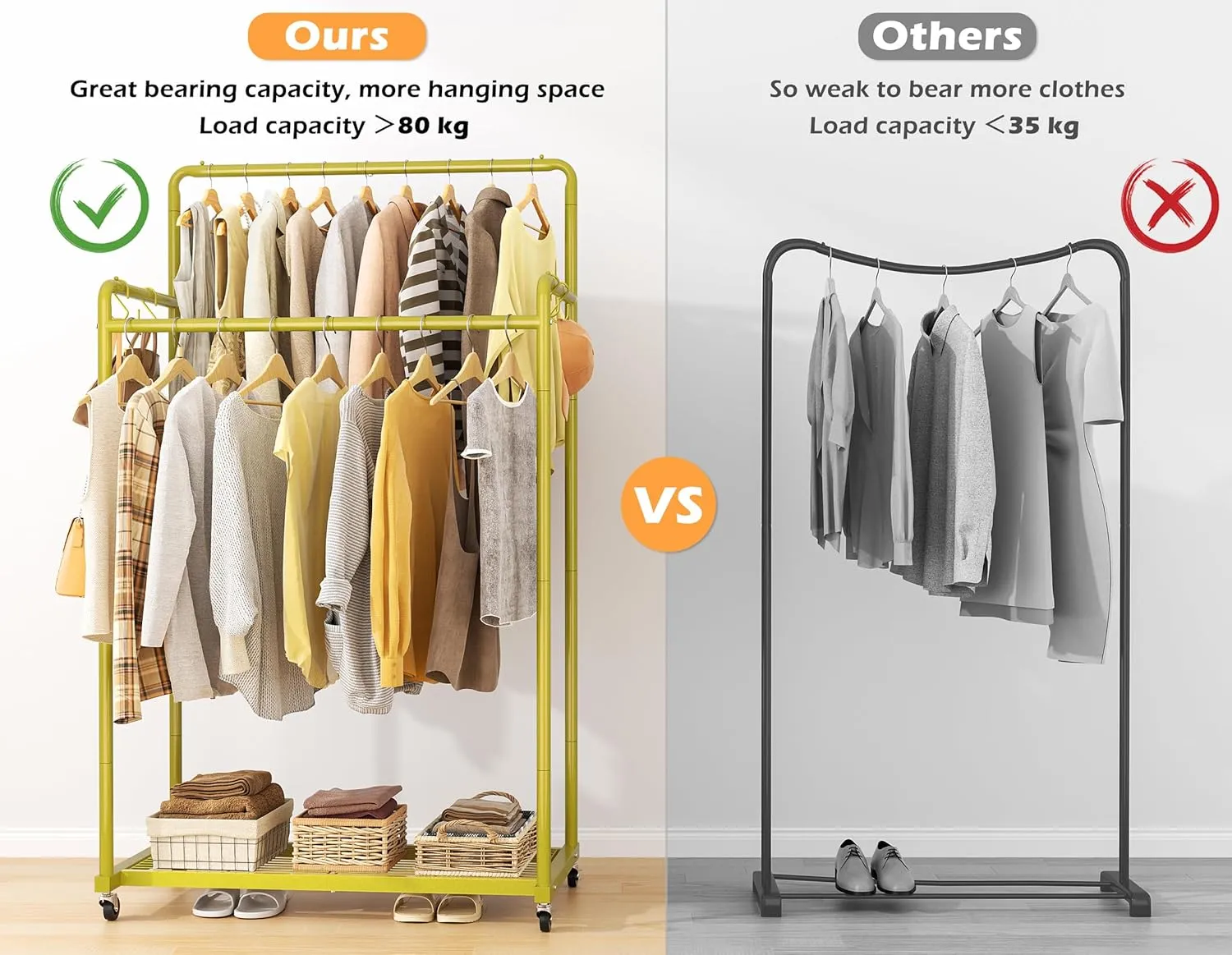 HOMIDEC Clothes Rail,Metal Clothes Rack with Hooks, Double Rads Heavy Duty Clothing Rail for Bedroom,Portable Clothing Rack Clothes Storage Shelf,Hold up to 80 kg,Gold