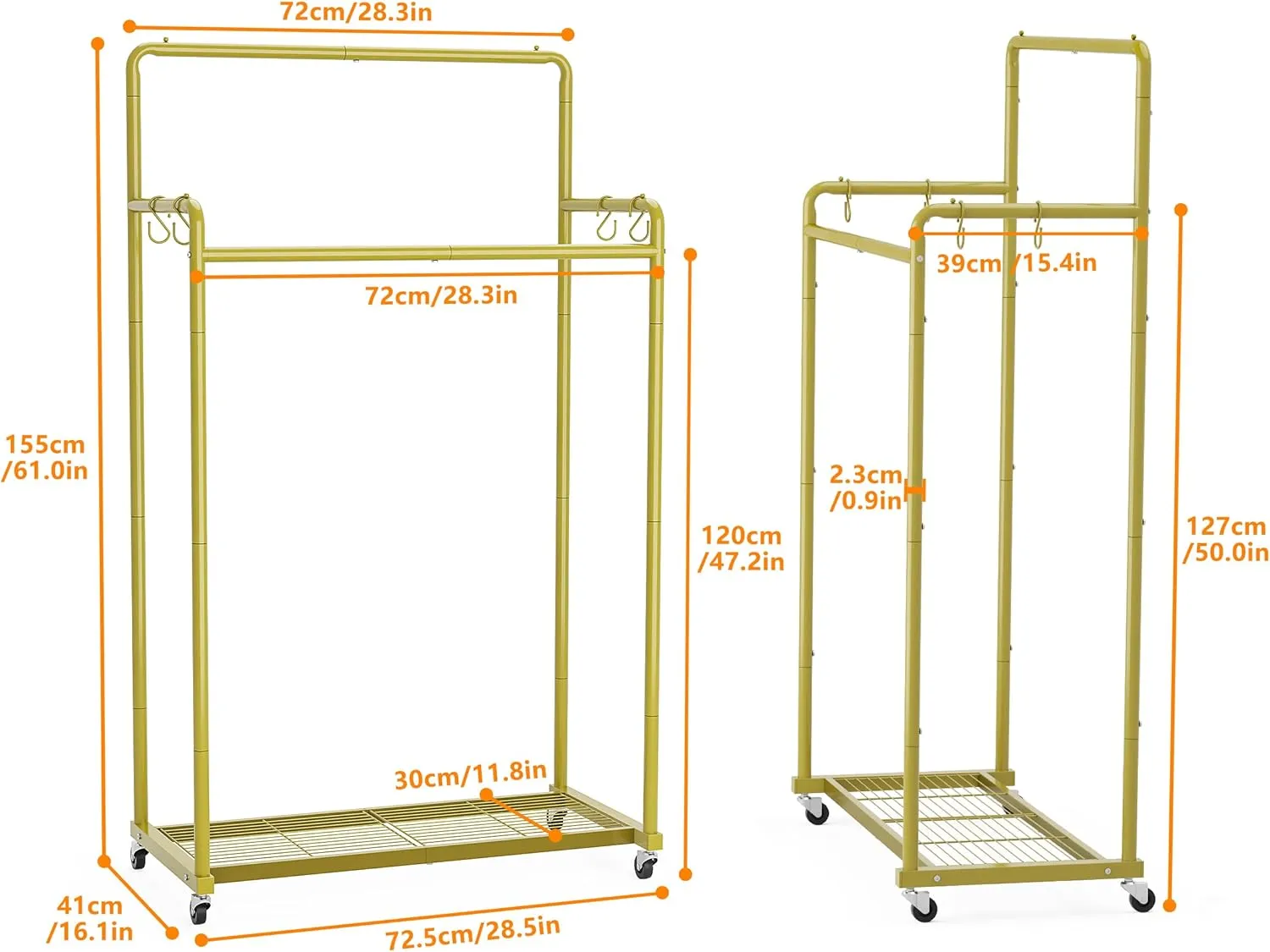 HOMIDEC Clothes Rail,Metal Clothes Rack with Hooks, Double Rads Heavy Duty Clothing Rail for Bedroom,Portable Clothing Rack Clothes Storage Shelf,Hold up to 80 kg,Gold