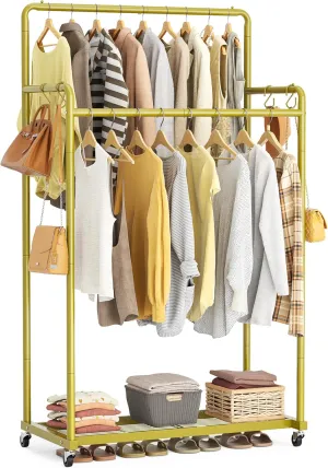 HOMIDEC Clothes Rail,Metal Clothes Rack with Hooks, Double Rads Heavy Duty Clothing Rail for Bedroom,Portable Clothing Rack Clothes Storage Shelf,Hold up to 80 kg,Gold