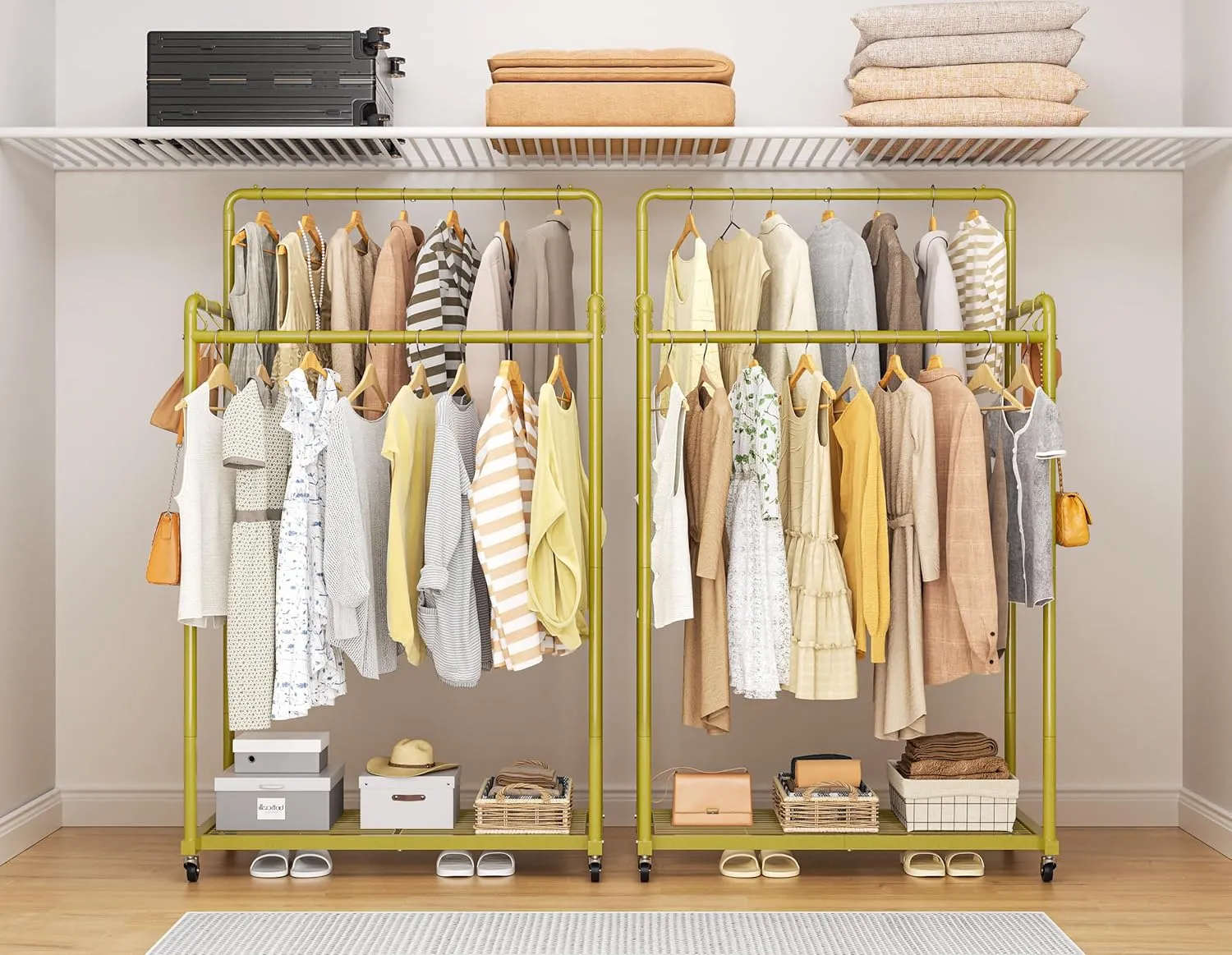 HOMIDEC Clothes Rail,Metal Clothes Rack with Hooks, Double Rads Heavy Duty Clothing Rail for Bedroom,Portable Clothing Rack Clothes Storage Shelf,Hold up to 80 kg,Gold