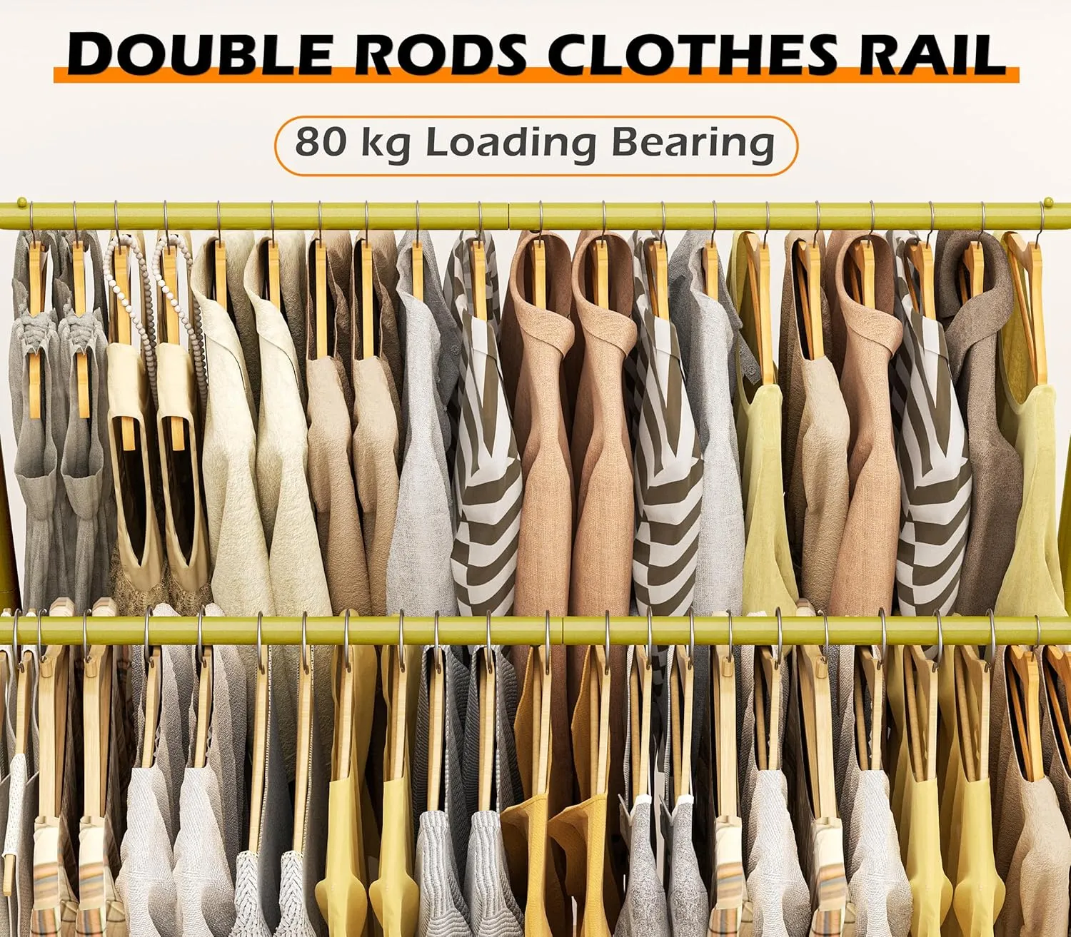 HOMIDEC Clothes Rail,Metal Clothes Rack with Hooks, Double Rads Heavy Duty Clothing Rail for Bedroom,Portable Clothing Rack Clothes Storage Shelf,Hold up to 80 kg,Gold